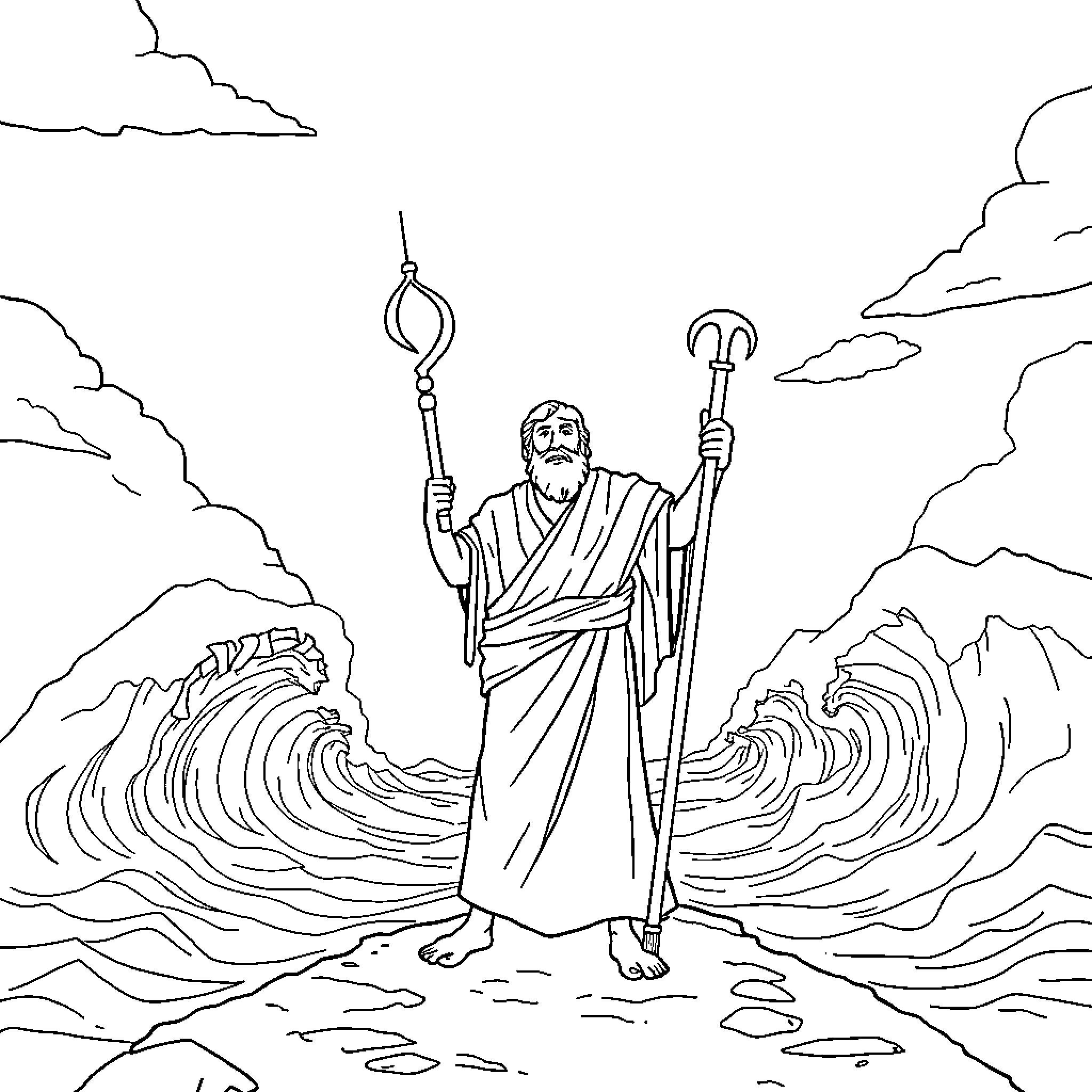 Moses parting the sea with his staff Coloring Page (free black-and-white line drawing printable PDF for all, from beginners to advanced learners, including children, teens, adults, and seniors)