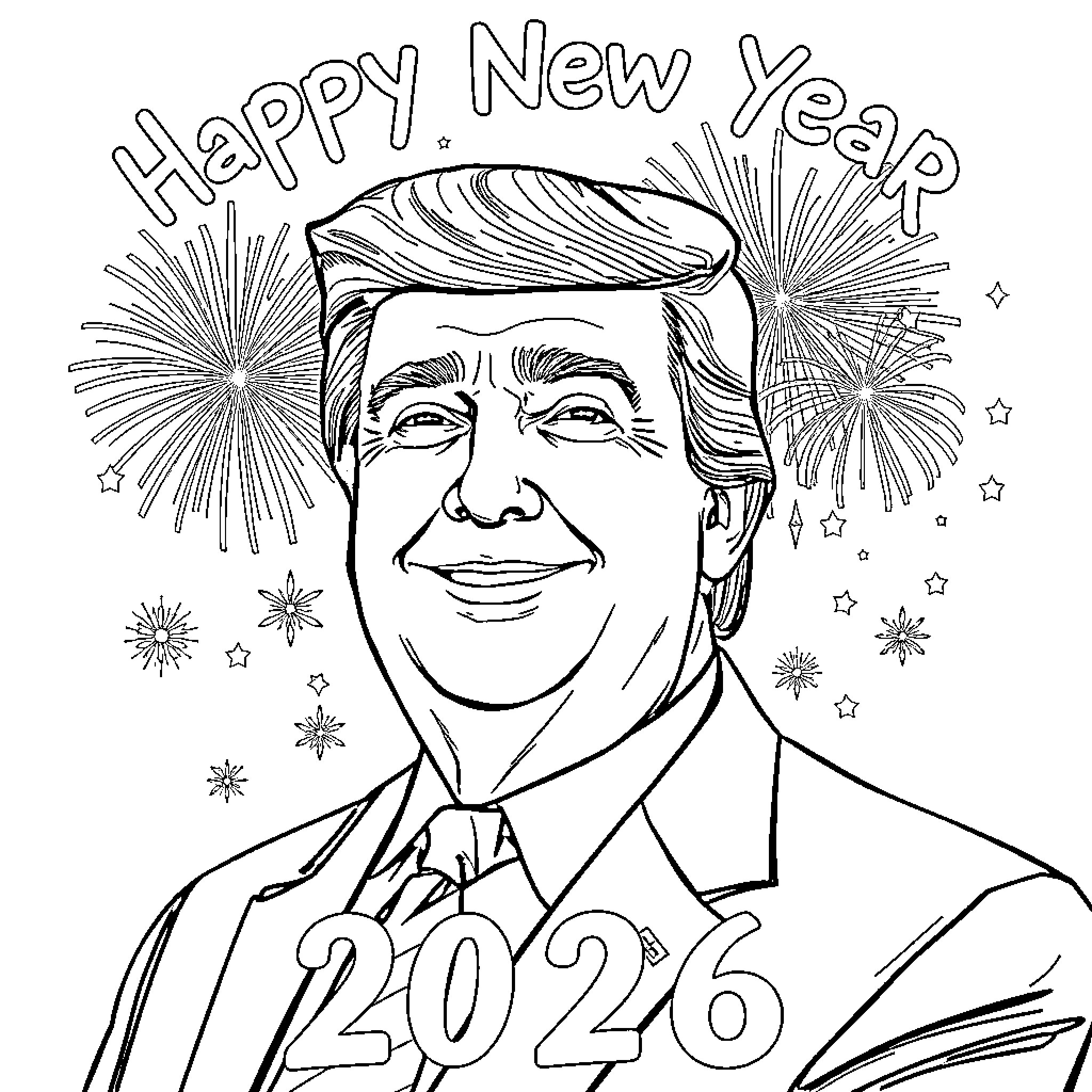 Donald Trump Celebrating the New Year 2026 Coloring Page (free black-and-white line drawing printable PDF for all, from beginners to advanced learners, including children, teens, adults, and seniors)