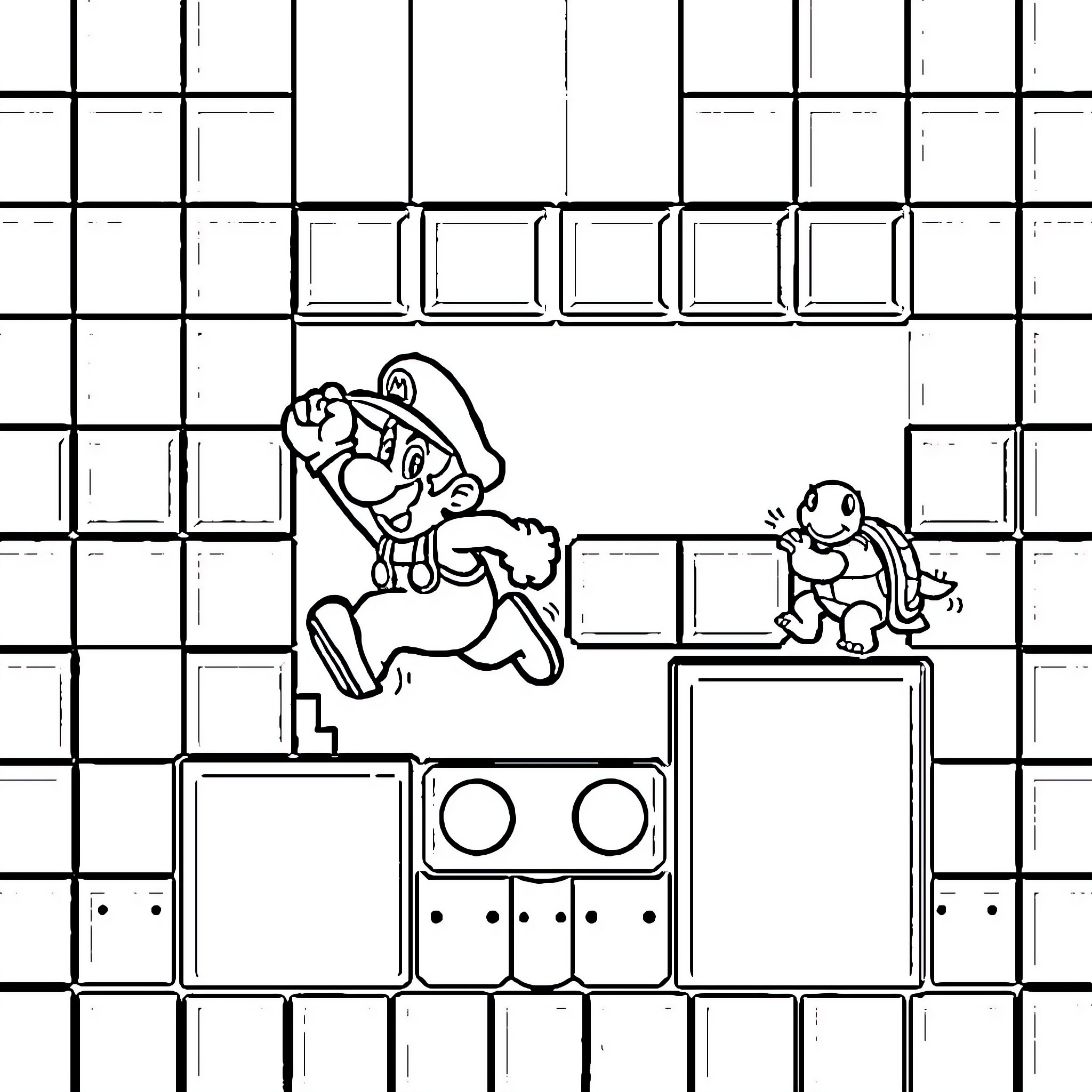 Mario Jumping to Catch Turtle in Platformer Scene Coloring Page (free black-and-white line drawing printable PDF for all, from beginners to advanced learners, including children, teens, adults, and seniors)