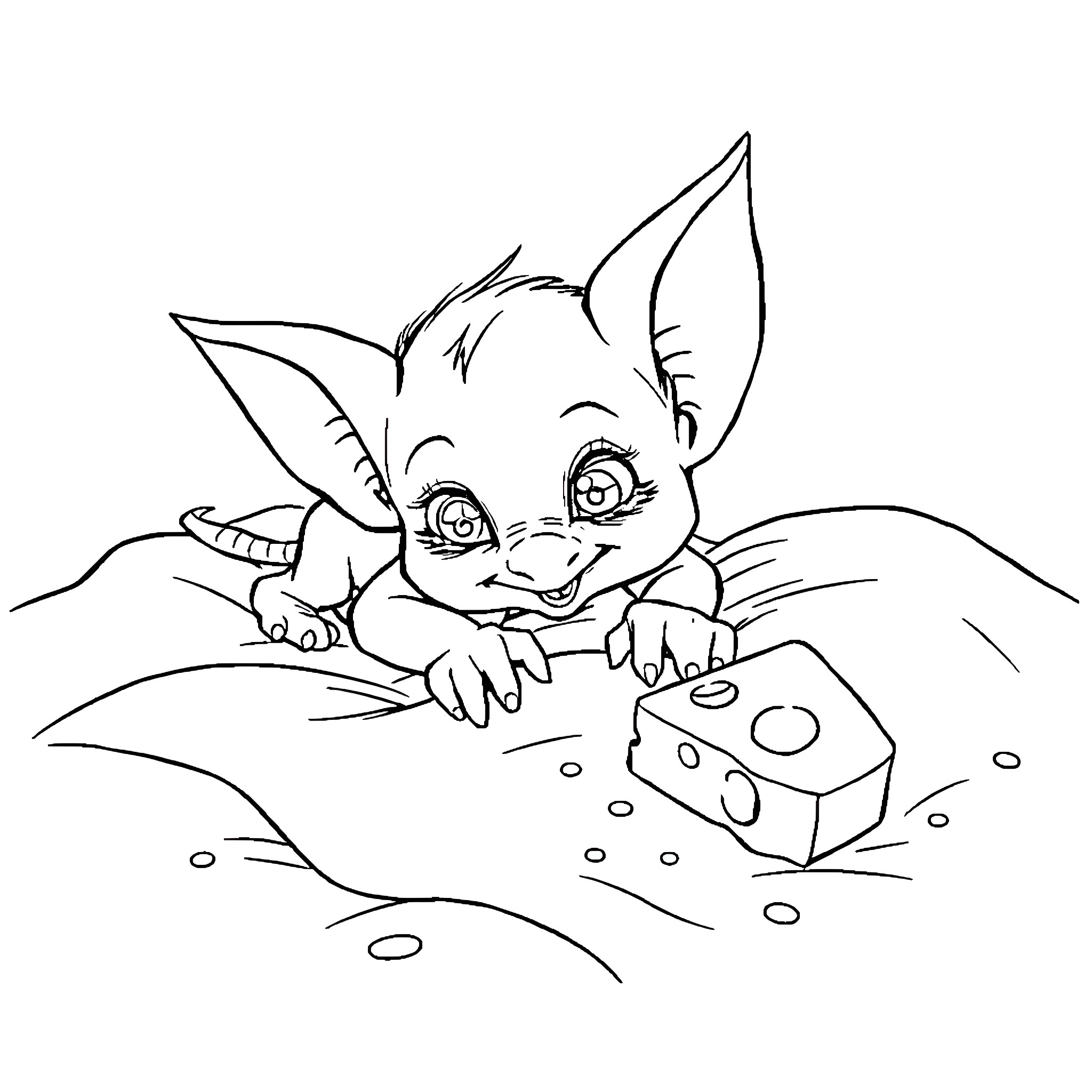 Goblin playing with a toy in the snow Coloring Page (free black-and-white line drawing printable PDF for all, from beginners to advanced learners, including children, teens, adults, and seniors)