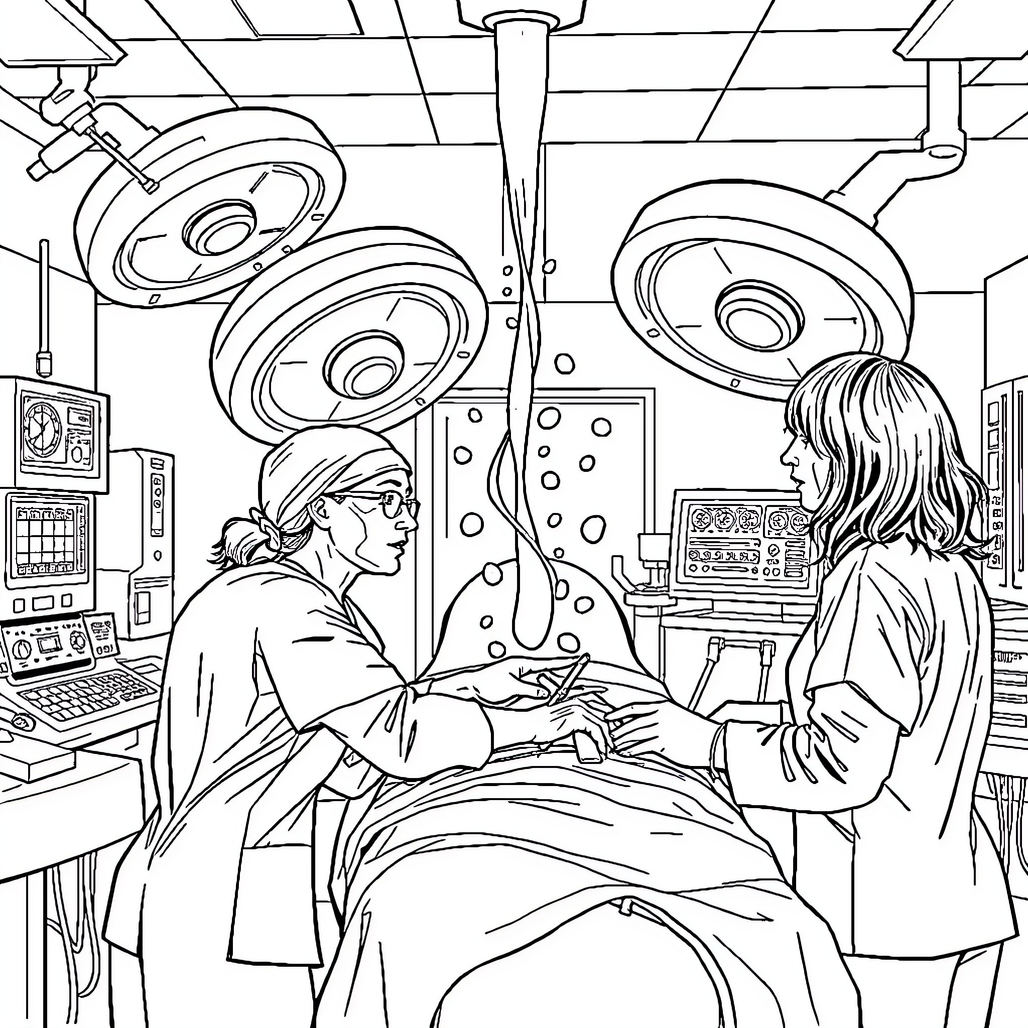 Grey's Anatomy: Doctors in Surgical Operation Coloring Page (free black-and-white line drawing printable PDF for all, from beginners to advanced learners, including children, teens, adults, and seniors)