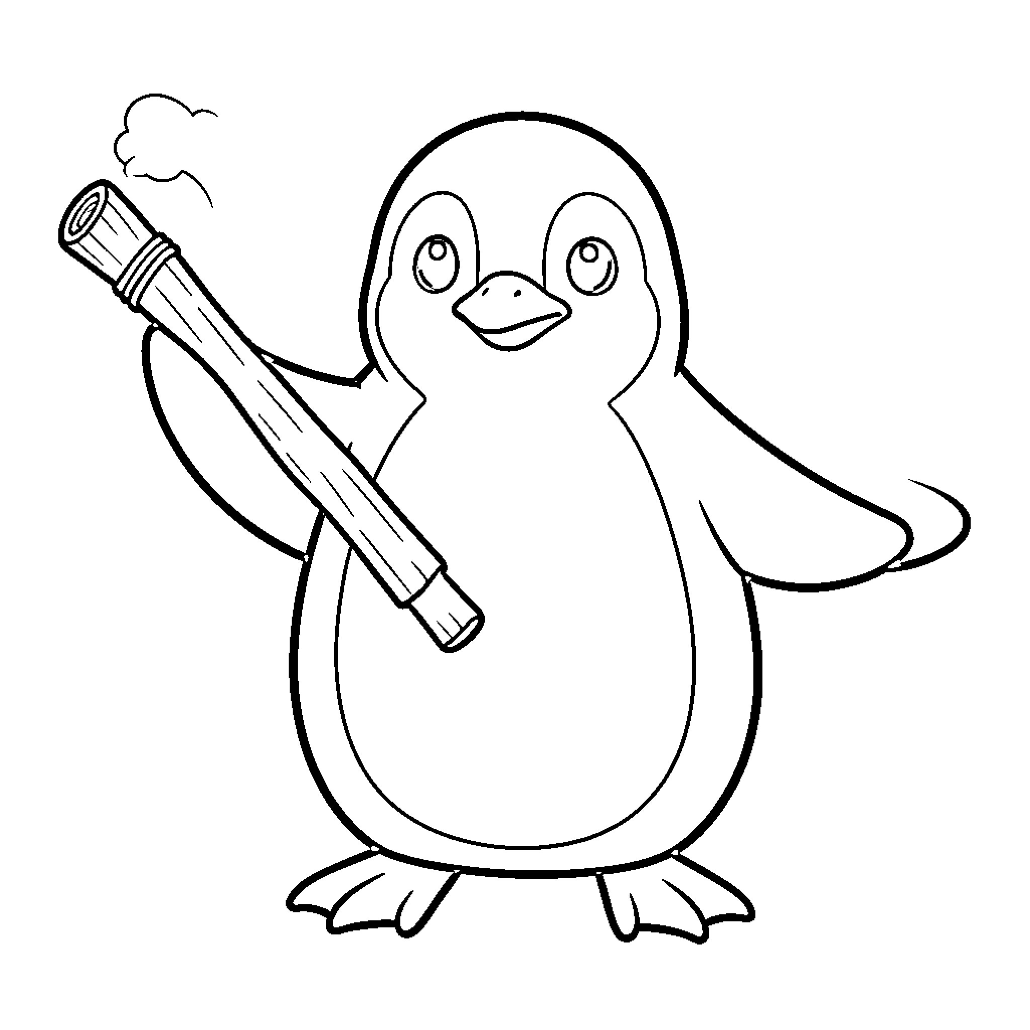 Penguin holding a smoking magical wand Coloring Page (free black-and-white line drawing printable PDF for all, from beginners to advanced learners, including children, teens, adults, and seniors)
