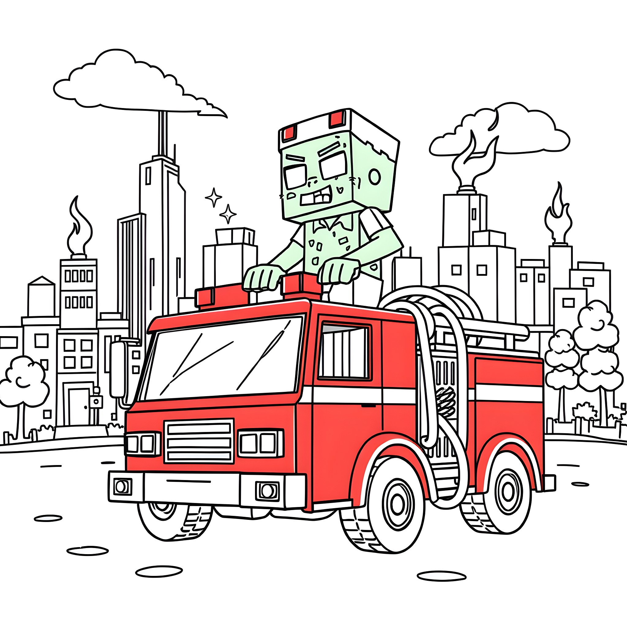 Minecraft Zombie Driving Fire Truck in Disaster City Coloring Page (free black-and-white line drawing printable PDF for all, from beginners to advanced learners, including children, teens, adults, and seniors)