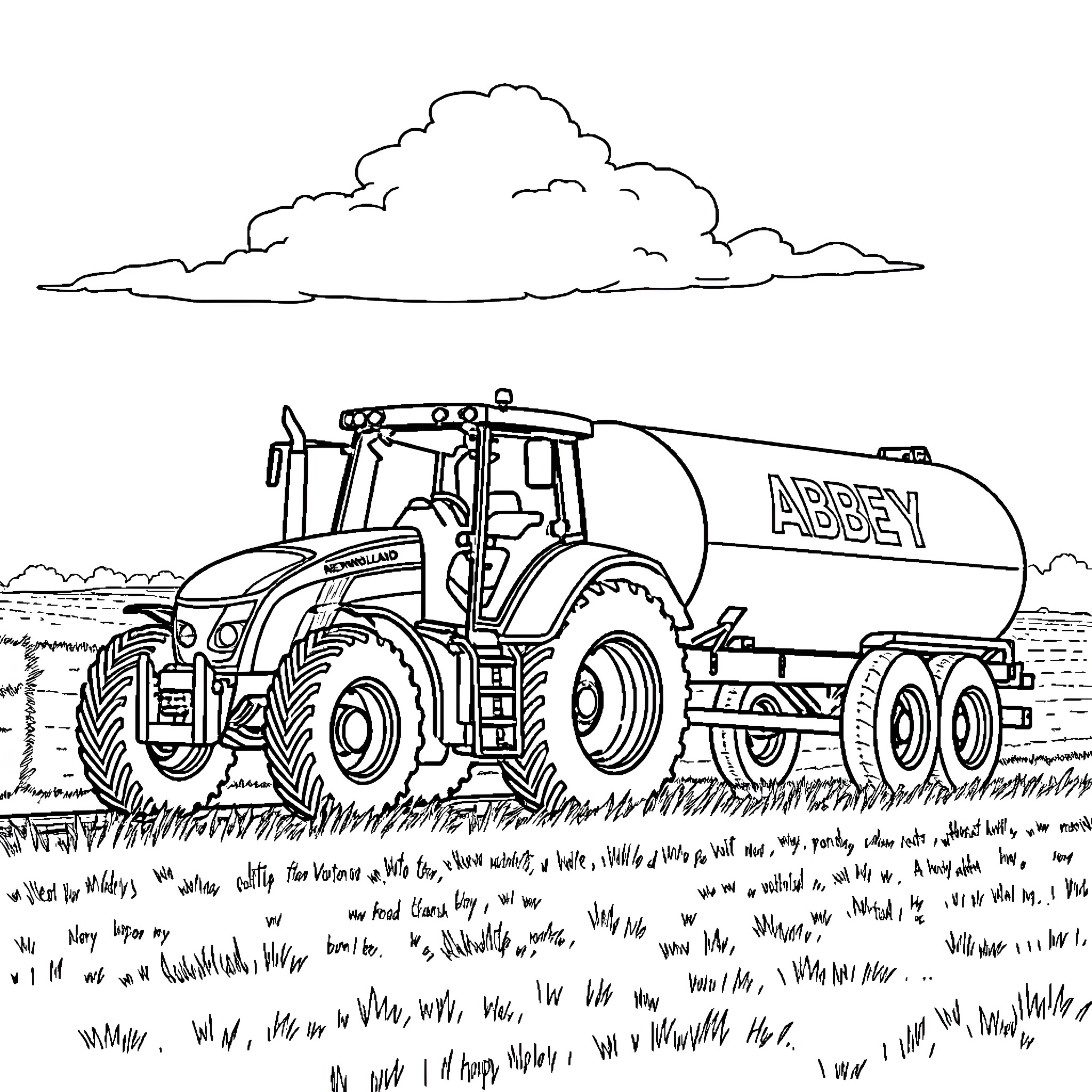 Tractor transporting liquid cargo in rural landscape Coloring Page (free black-and-white line drawing printable PDF for all, from beginners to advanced learners, including children, teens, adults, and seniors)