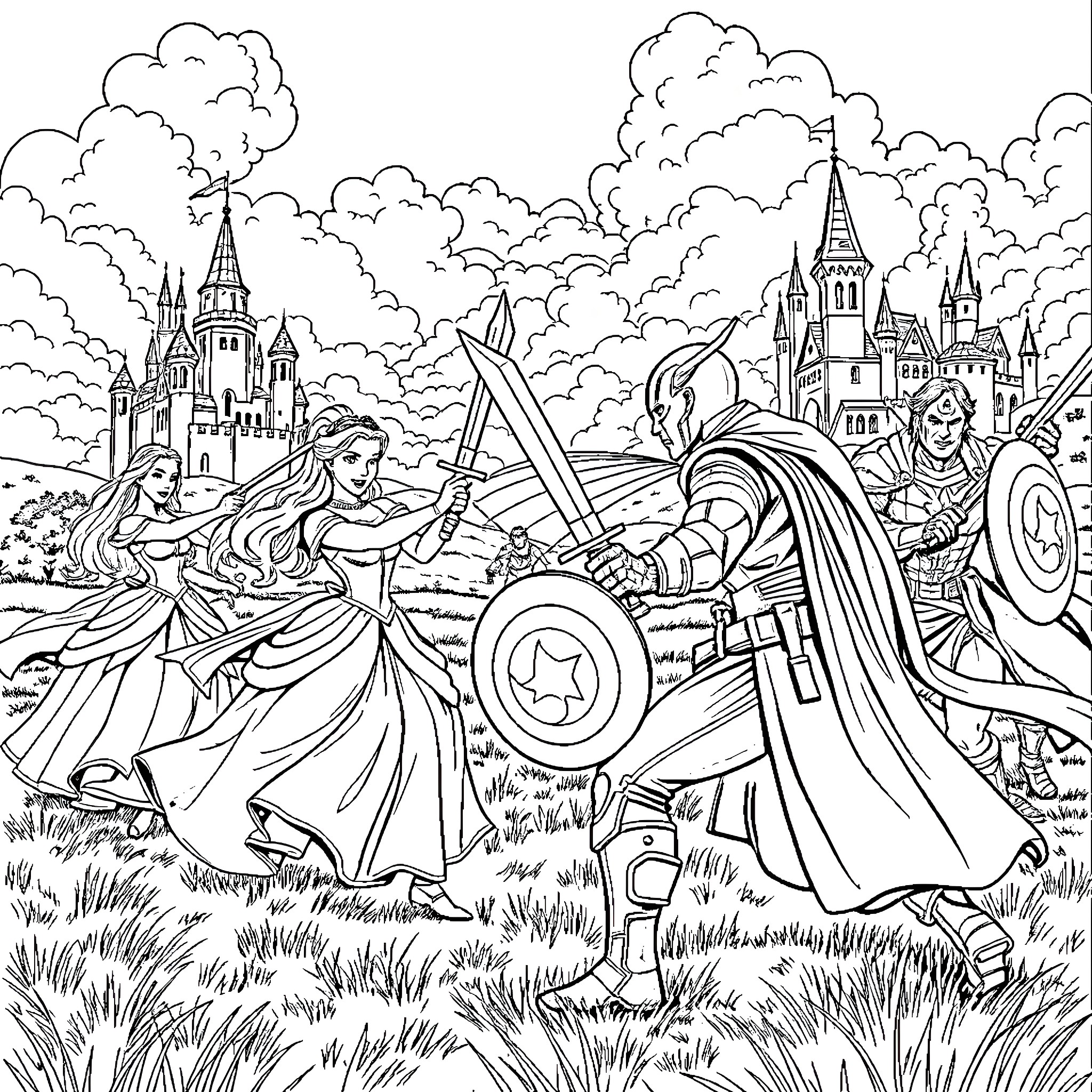 Princess in Action with Knight in Fairytale Kingdom Coloring Page (free black-and-white line drawing printable PDF for all, from beginners to advanced learners, including children, teens, adults, and seniors)