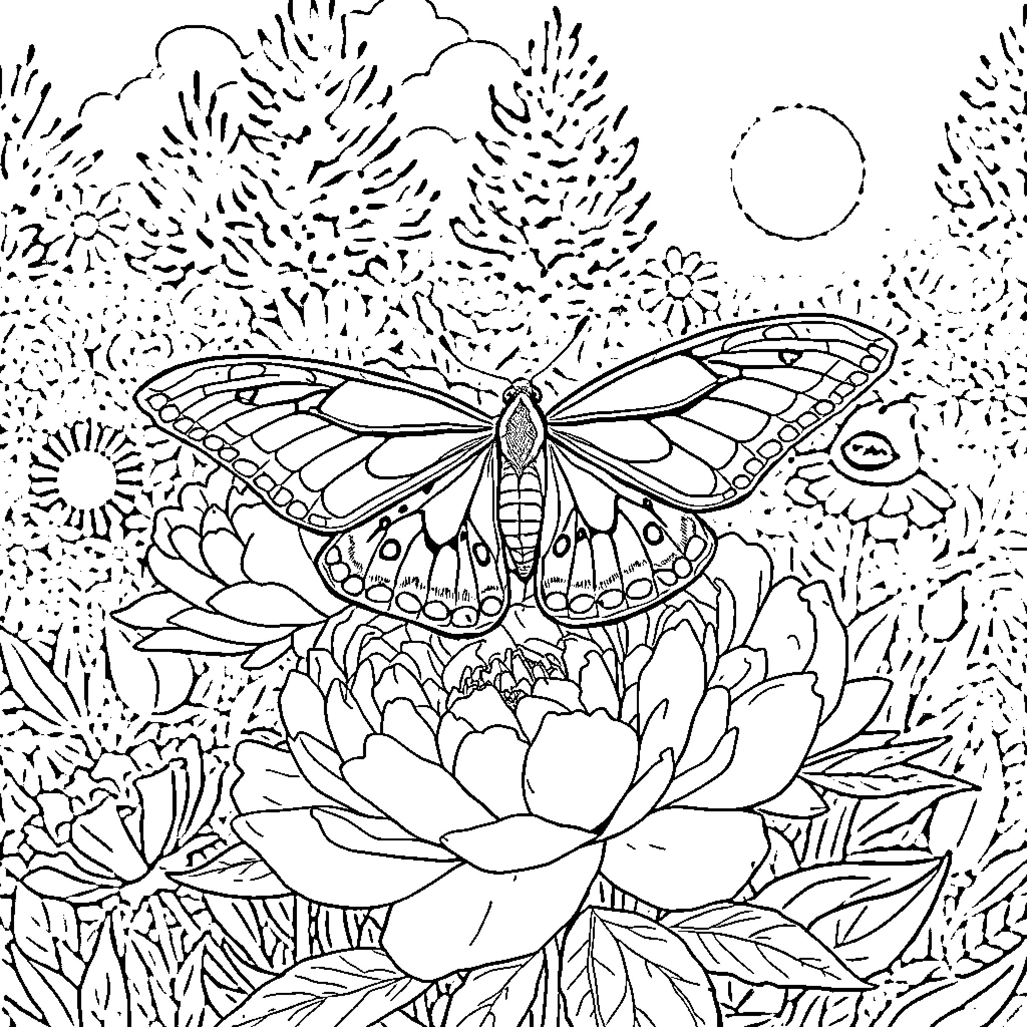Luna Moth resting on a serene floral scene Coloring Page (free black-and-white line drawing printable PDF for all, from beginners to advanced learners, including children, teens, adults, and seniors)