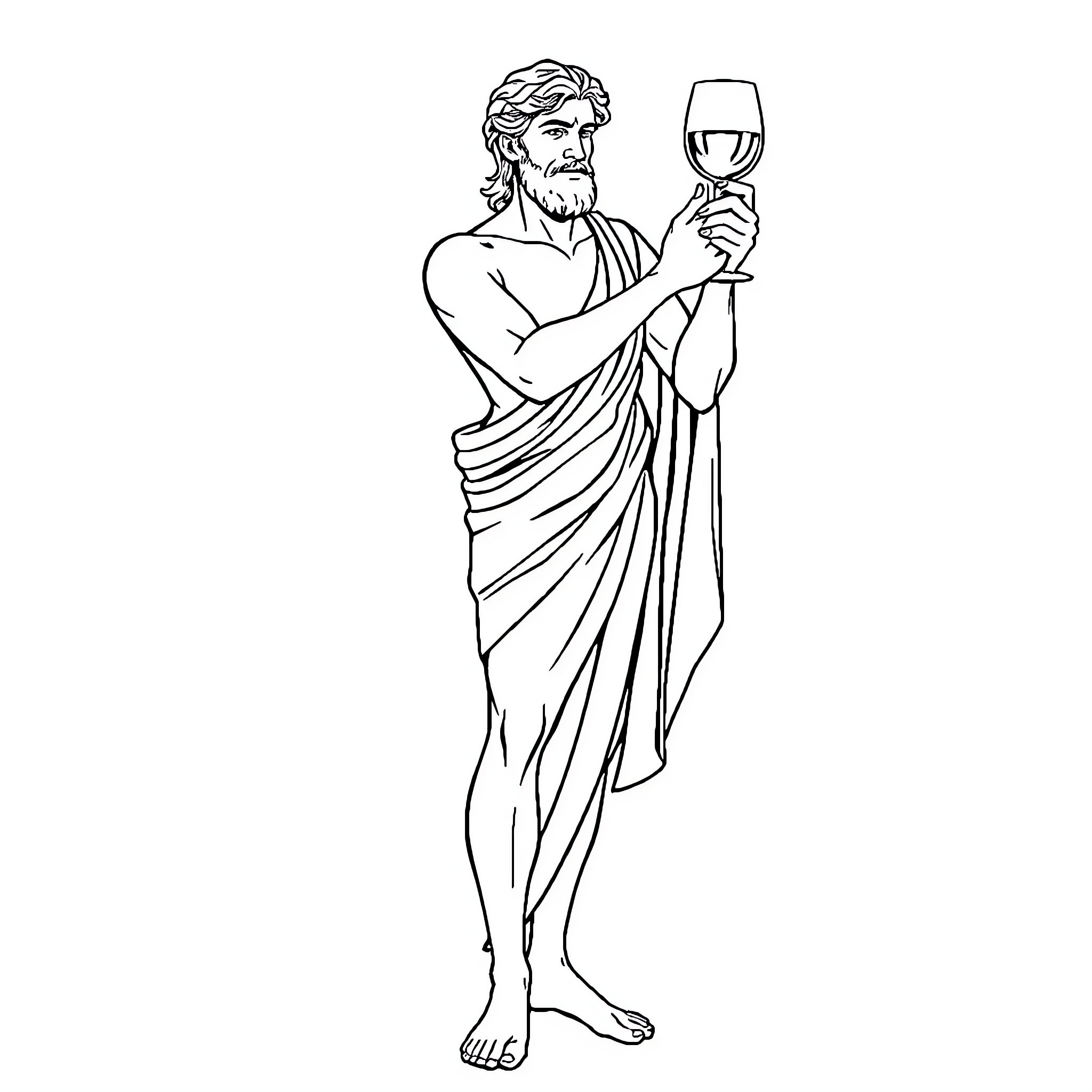 Dionysus Holding Wine Goblet in Greek Attire Coloring Page (free black-and-white line drawing printable PDF for all, from beginners to advanced learners, including children, teens, adults, and seniors)