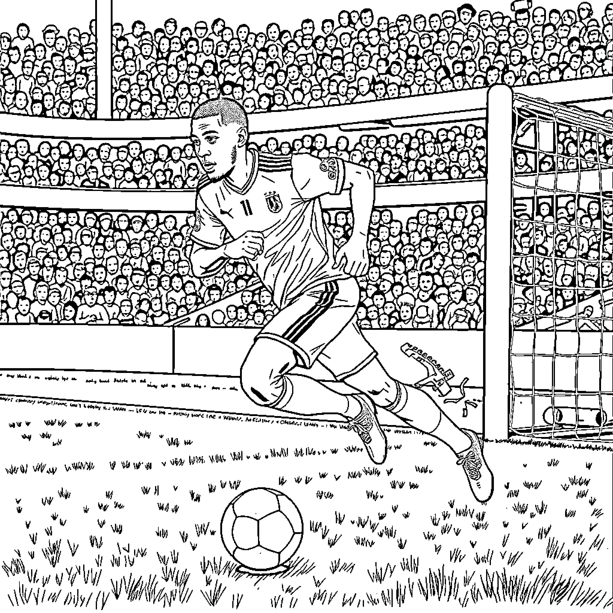 Mbappe showcasing skills on the soccer field Coloring Page (free black-and-white line drawing printable PDF for all, from beginners to advanced learners, including children, teens, adults, and seniors)