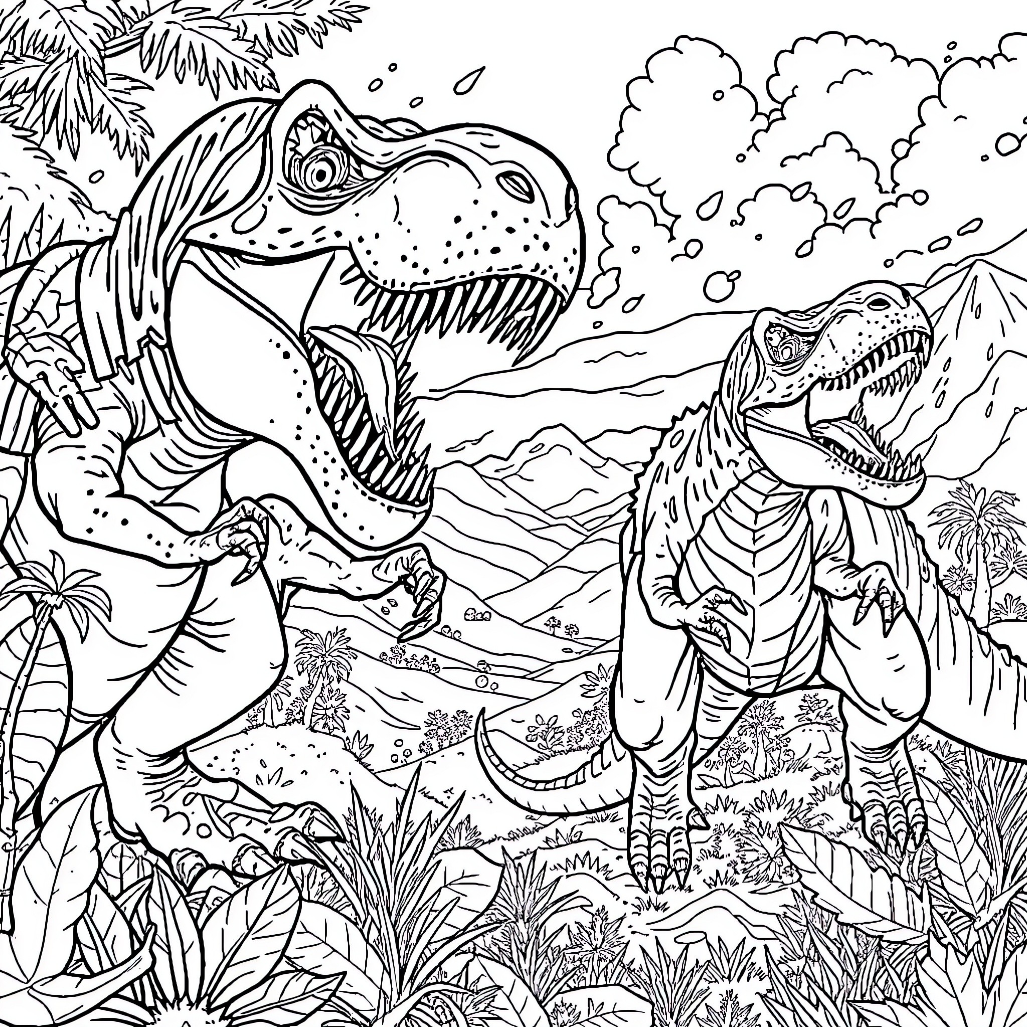 T-Rex Dinosaurs Battling in Prehistoric Landscape Coloring Page (free black-and-white line drawing printable PDF for all, from beginners to advanced learners, including children, teens, adults, and seniors)