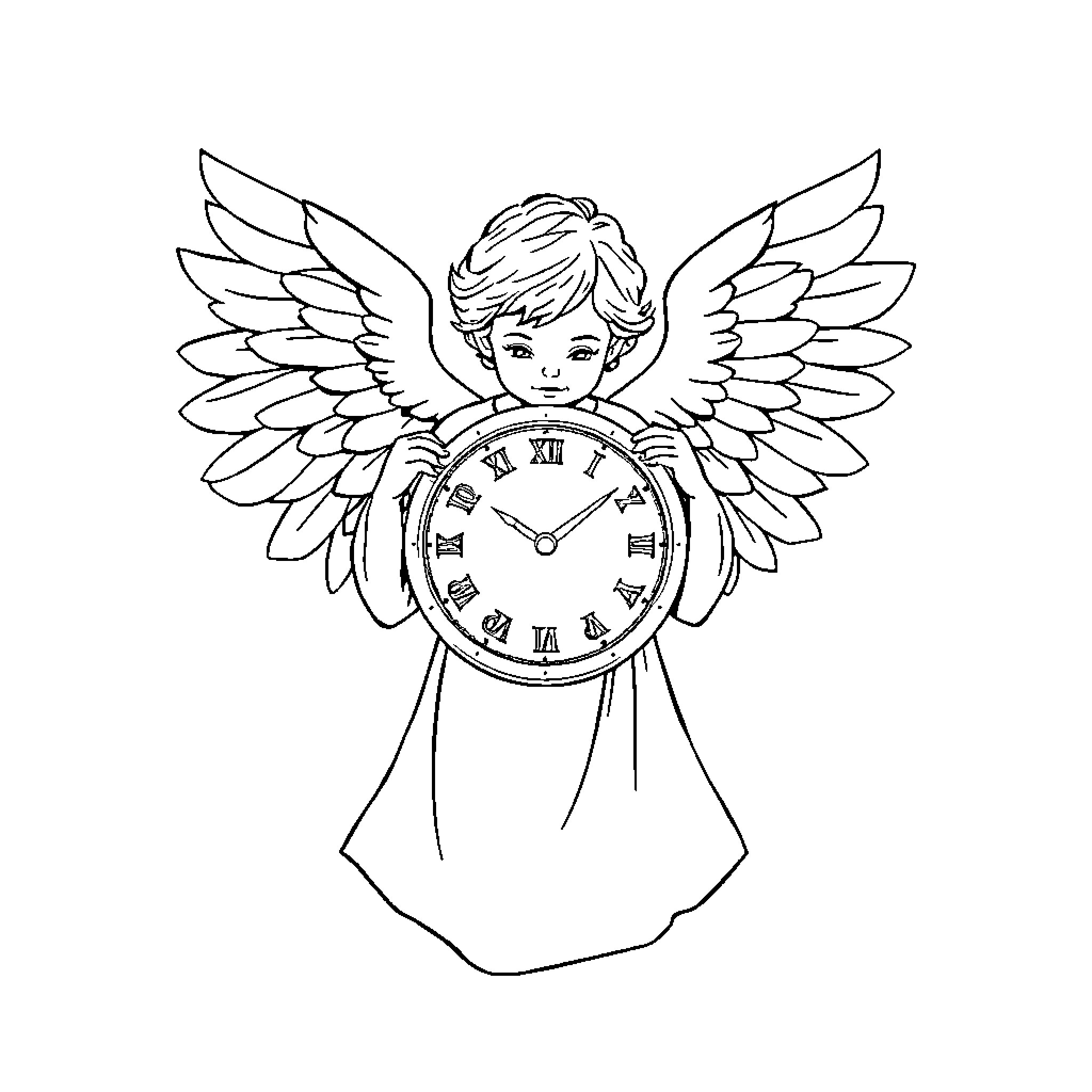 Angel carrying a clock with wings Coloring Page (free black-and-white line drawing printable PDF for all, from beginners to advanced learners, including children, teens, adults, and seniors)
