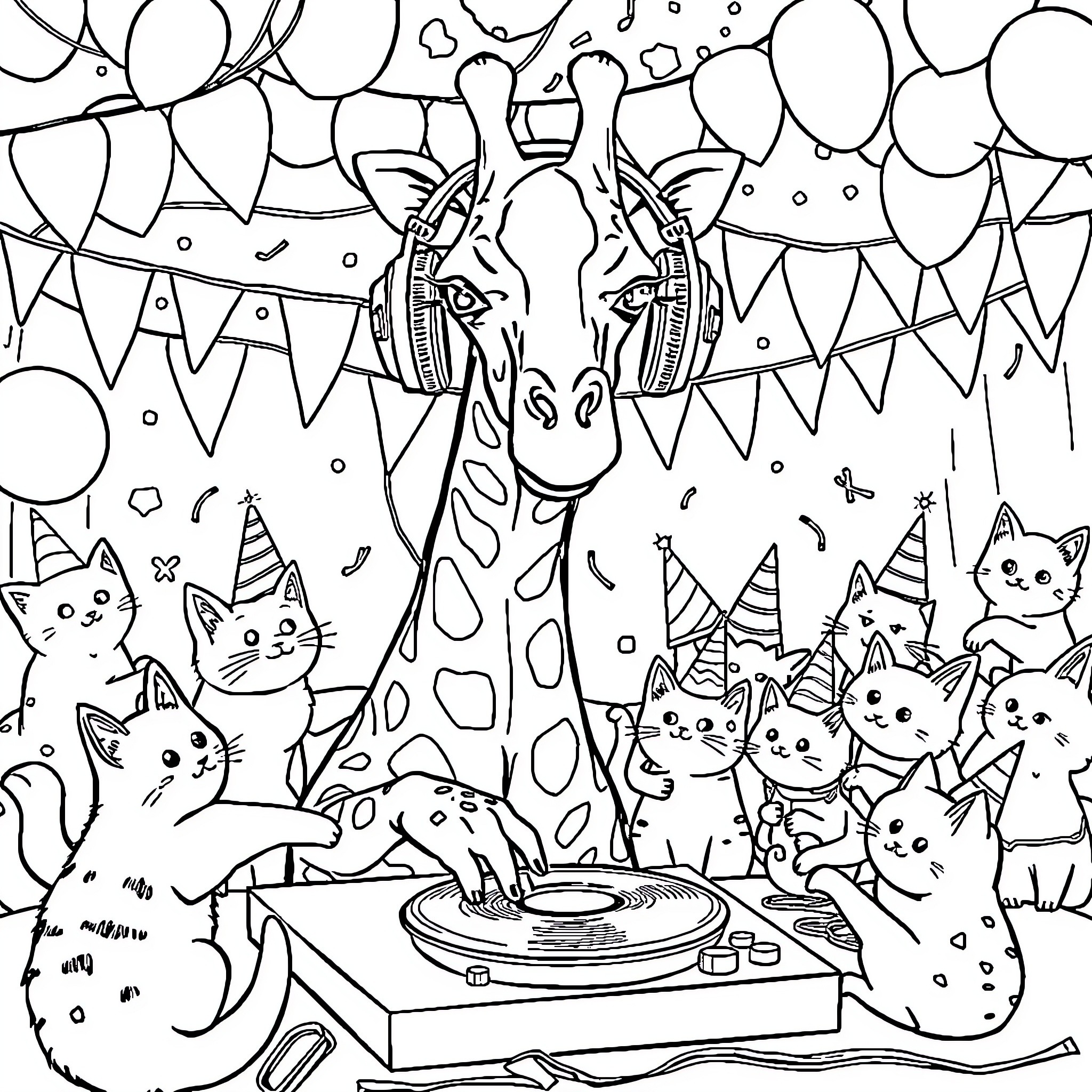 Giraffe DJ entertains party animals Coloring Page (free black-and-white line drawing printable PDF for all, from beginners to advanced learners, including children, teens, adults, and seniors)