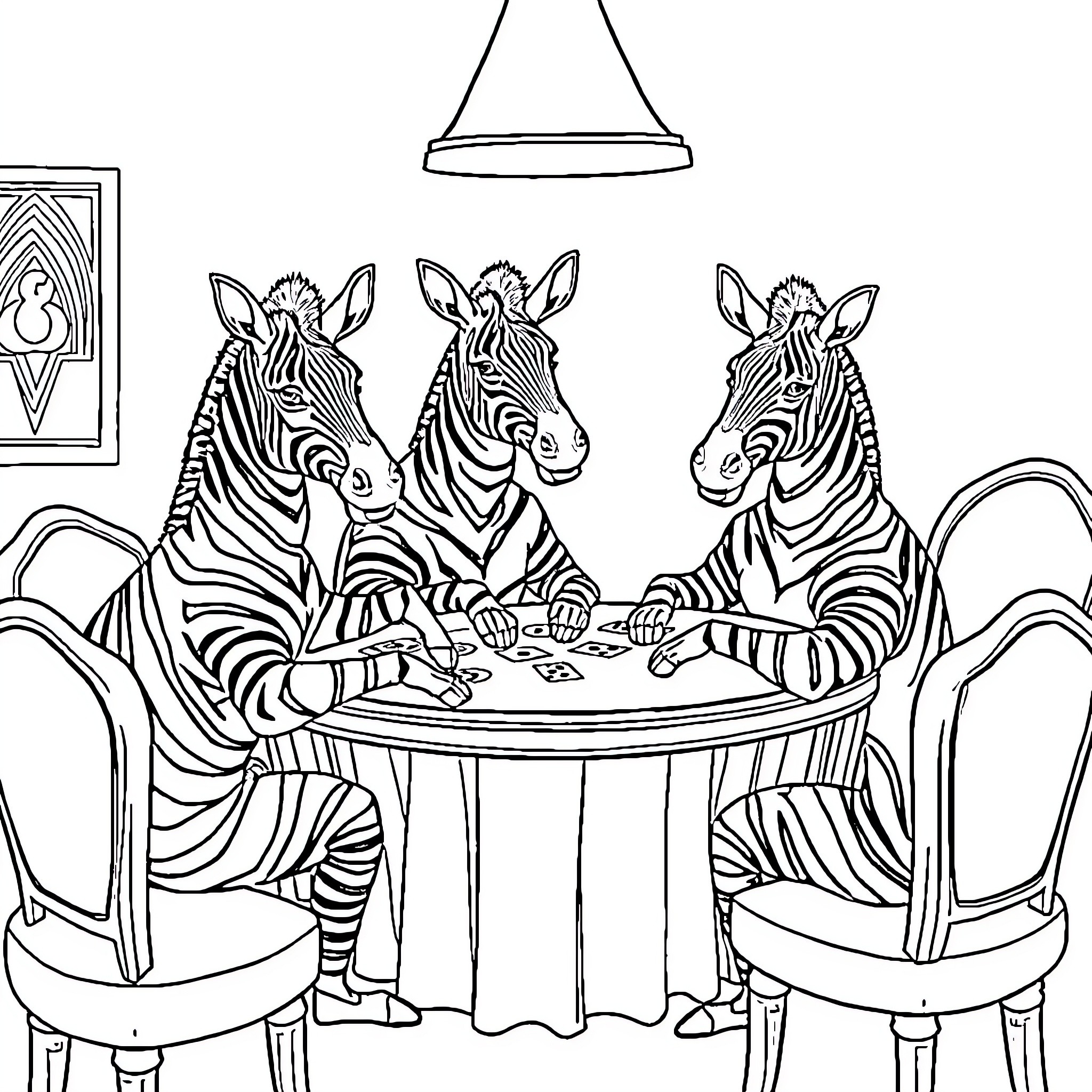 Zebras playing cards at the dining table Coloring Page (free black-and-white line drawing printable PDF for all, from beginners to advanced learners, including children, teens, adults, and seniors)