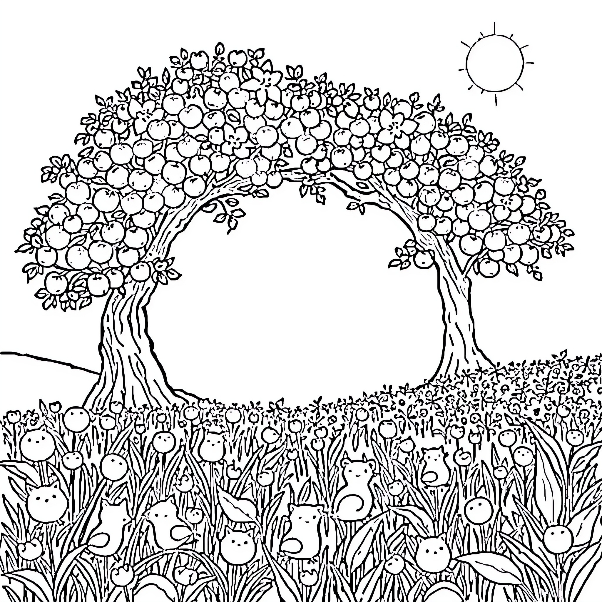 Heart-shaped tree with blooming nature Coloring Page (free black-and-white line drawing printable PDF for all, from beginners to advanced learners, including children, teens, adults, and seniors)