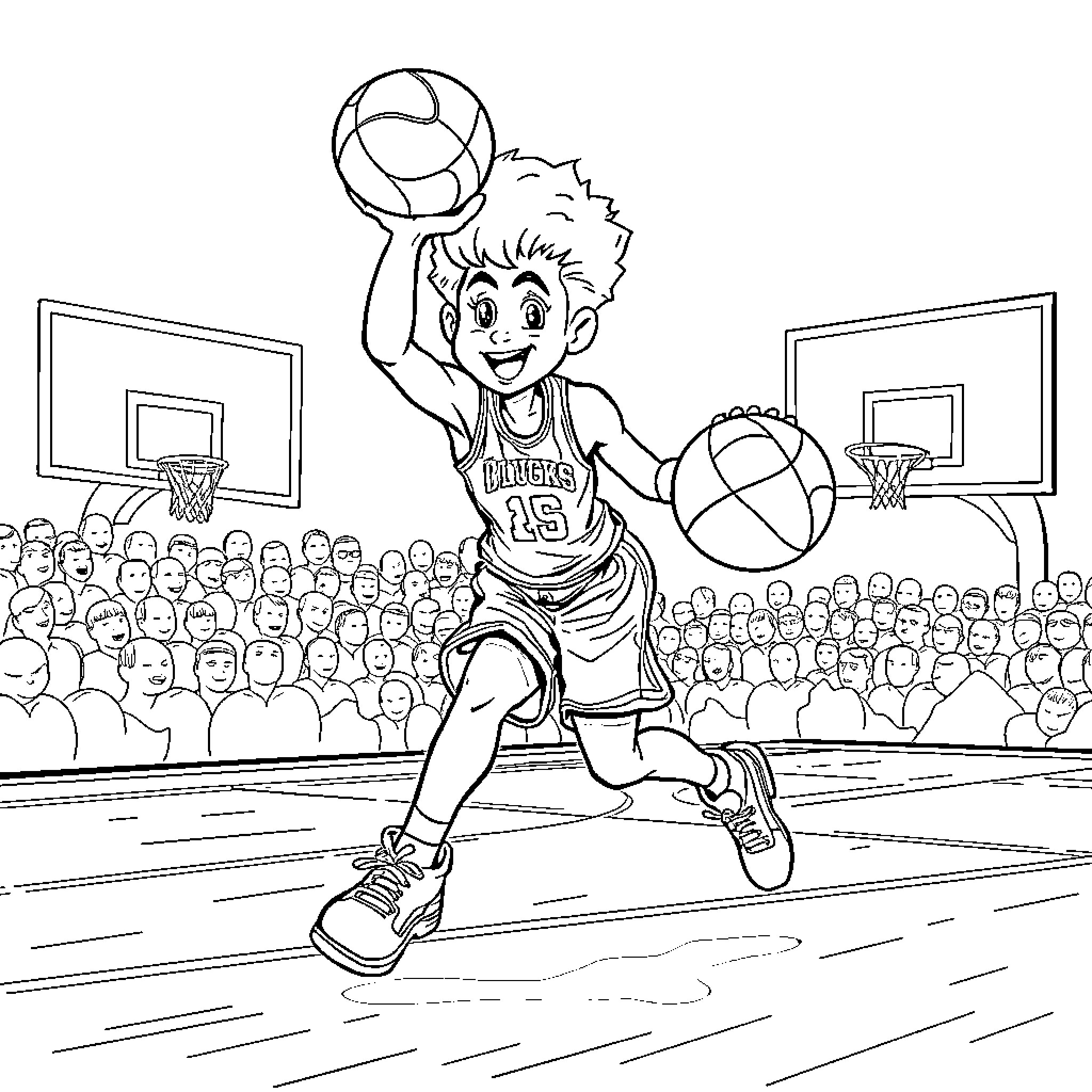 Else's Basketball Showdown on the Court Coloring Page (free black-and-white line drawing printable PDF for all, from beginners to advanced learners, including children, teens, adults, and seniors)