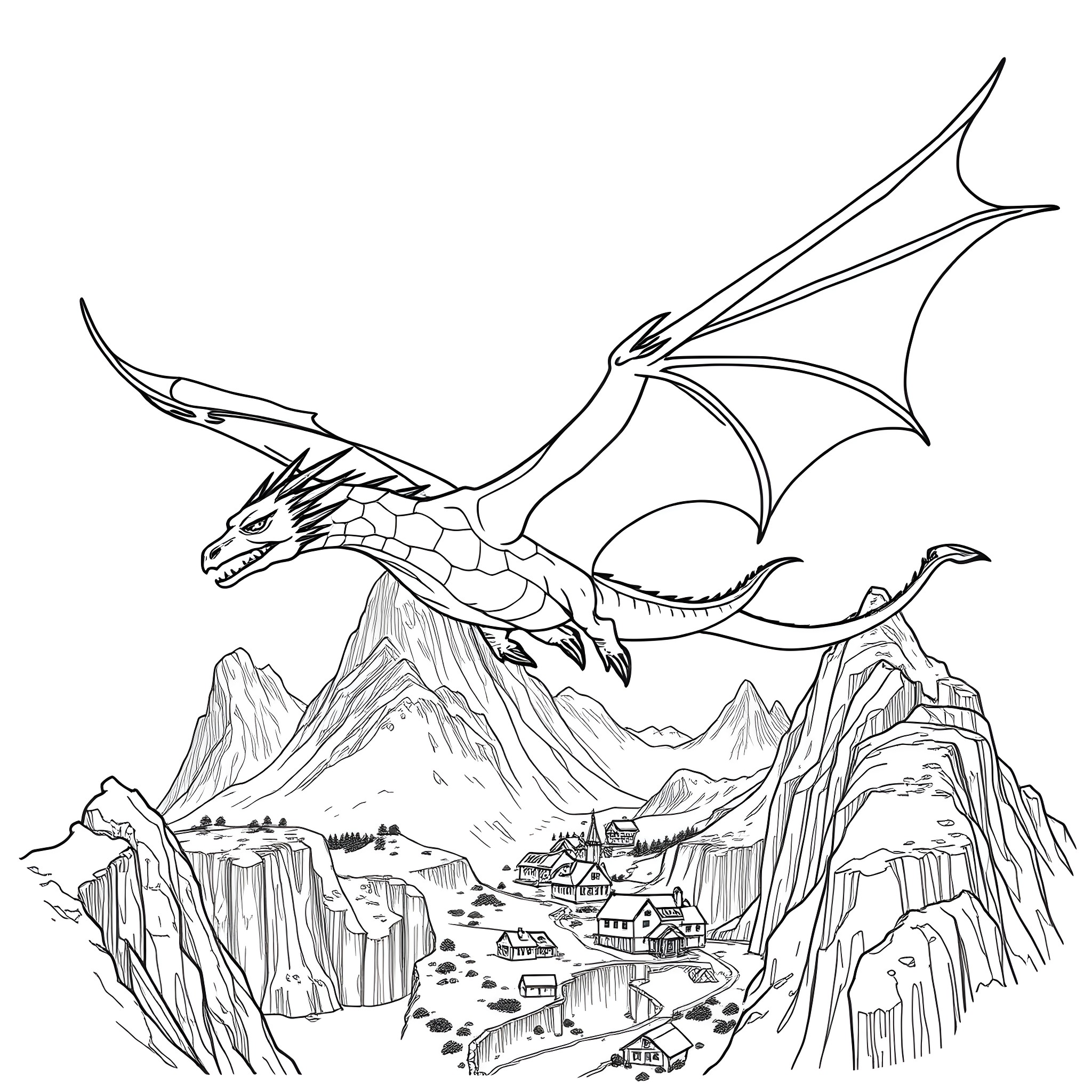 Eragon's dragon soaring over the fantastical landscape Coloring Page (free black-and-white line drawing printable PDF for all, from beginners to advanced learners, including children, teens, adults, and seniors)