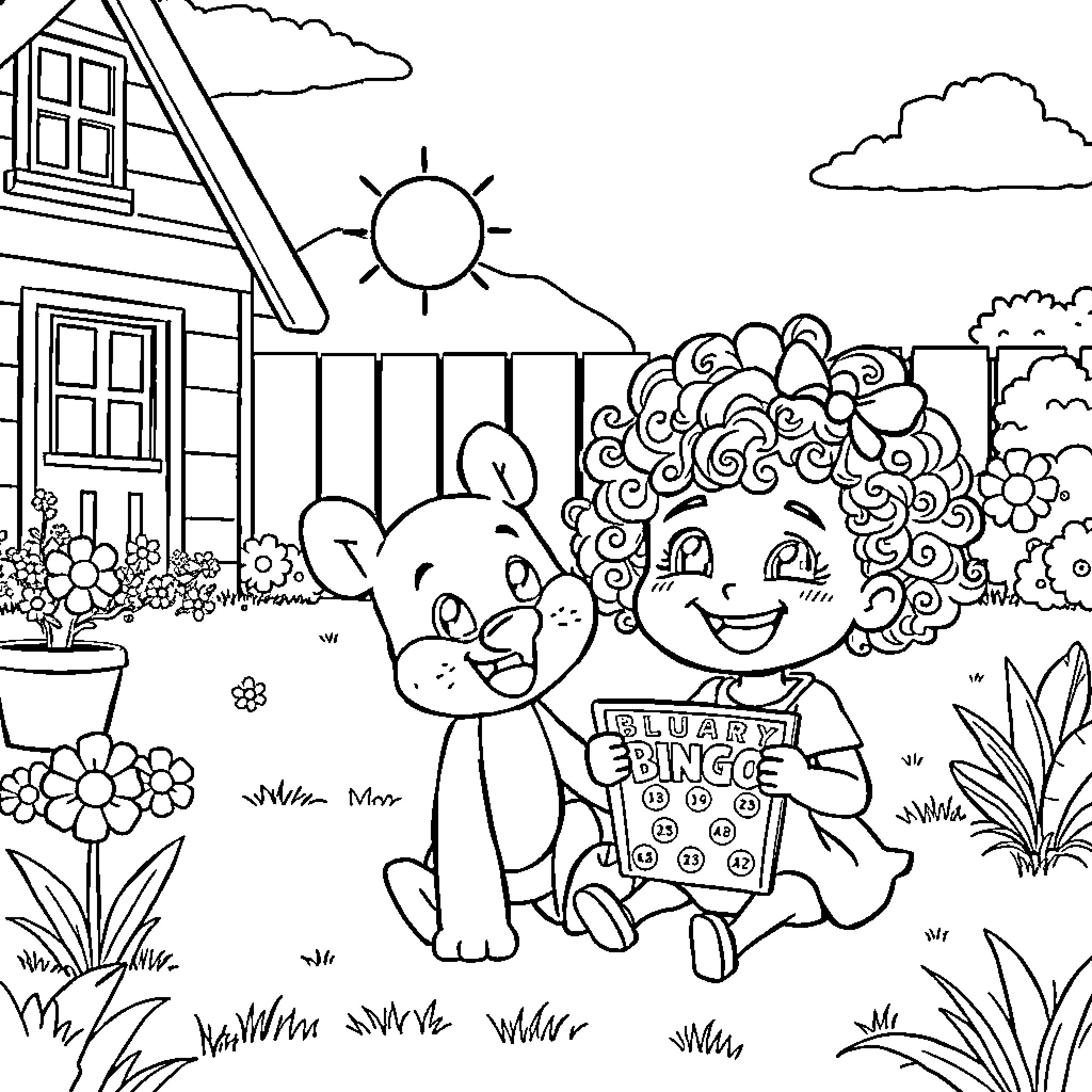 Bluey and Bingo playing in the backyard Coloring Page (free black-and-white line drawing printable PDF for all, from beginners to advanced learners, including children, teens, adults, and seniors)