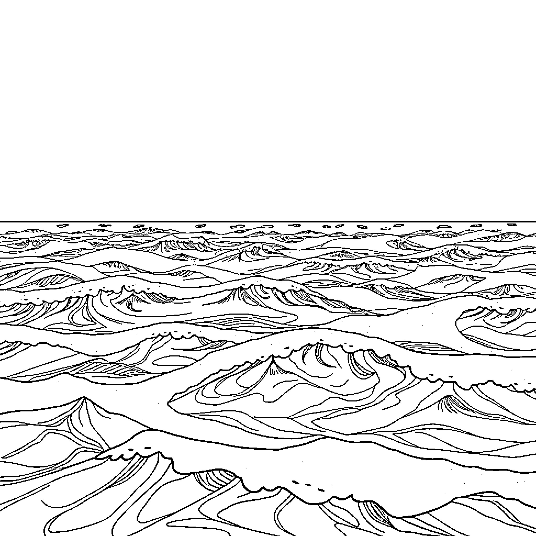 Ocean waves and rolling hills in the distance Coloring Page (free black-and-white line drawing printable PDF for all, from beginners to advanced learners, including children, teens, adults, and seniors)