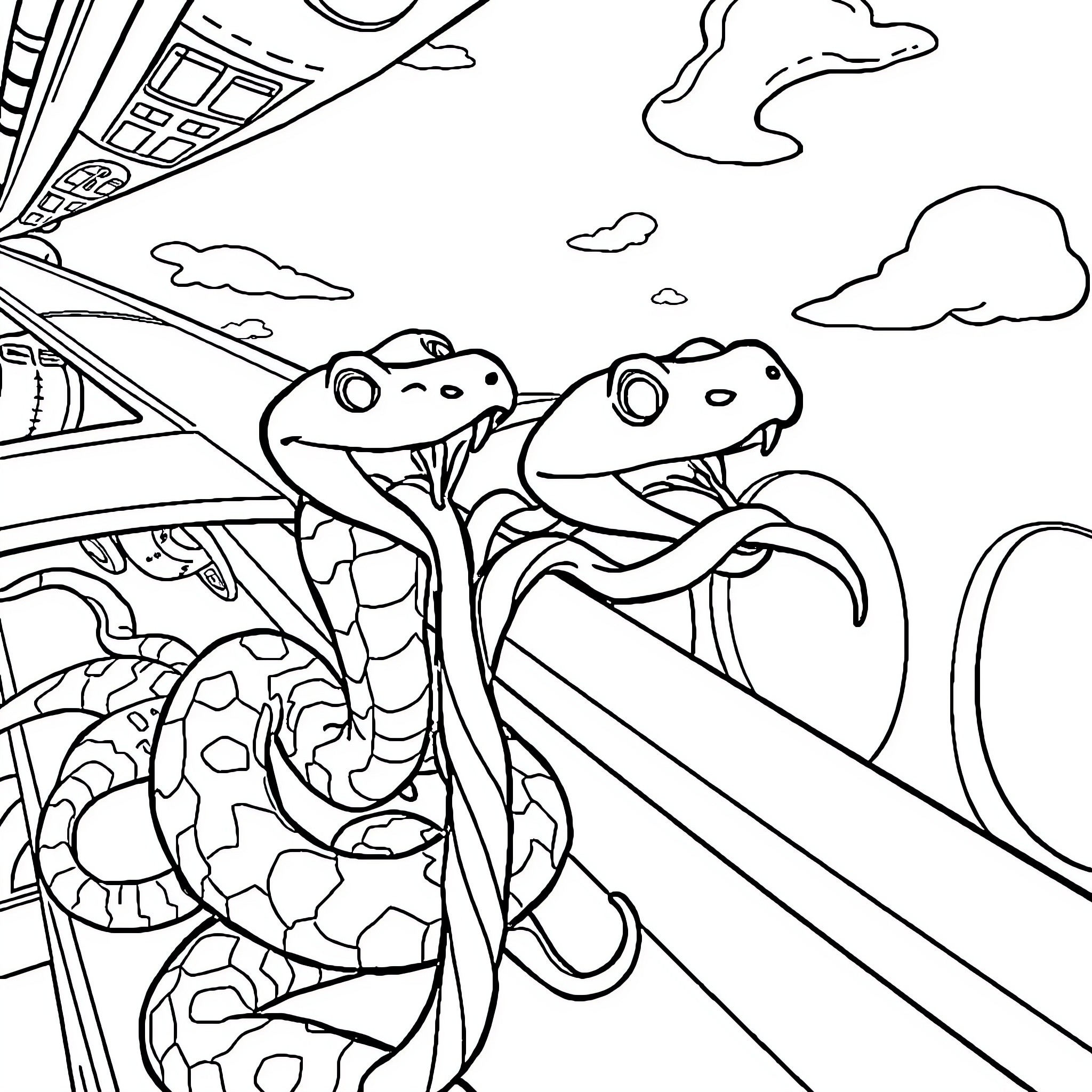 Snake pair enjoying scenic landscape Coloring Page (free black-and-white line drawing printable PDF for all, from beginners to advanced learners, including children, teens, adults, and seniors)