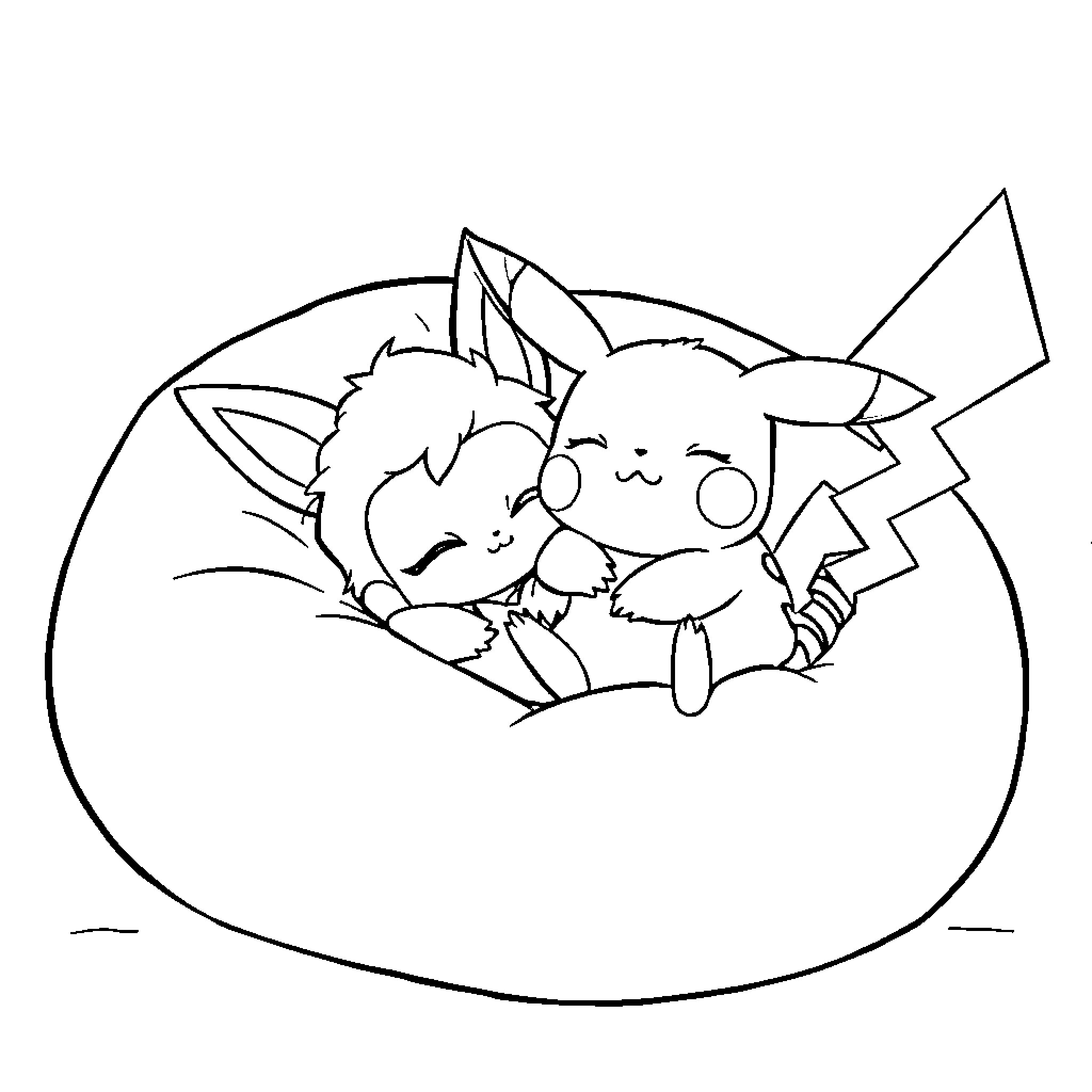 Gizmo Pikachu and Eevee sleeping together Coloring Page (free black-and-white line drawing printable PDF for all, from beginners to advanced learners, including children, teens, adults, and seniors)