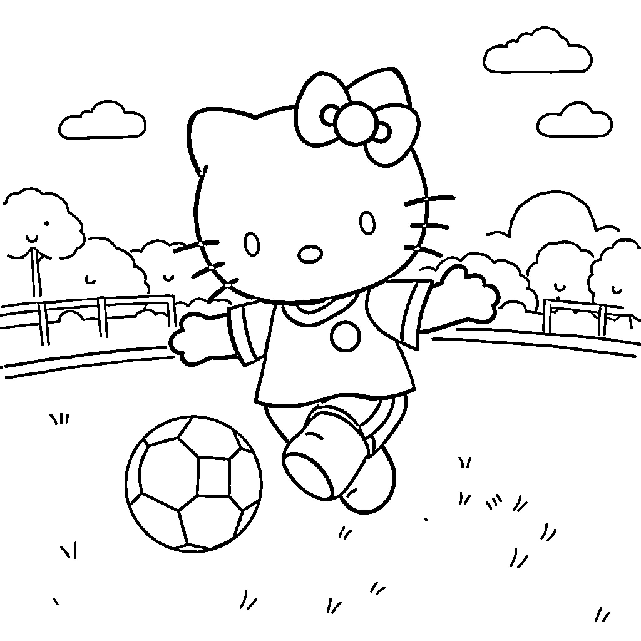 Hello Kitty playing with a soccer ball on the field Coloring Page (free black-and-white line drawing printable PDF for all, from beginners to advanced learners, including children, teens, adults, and seniors)