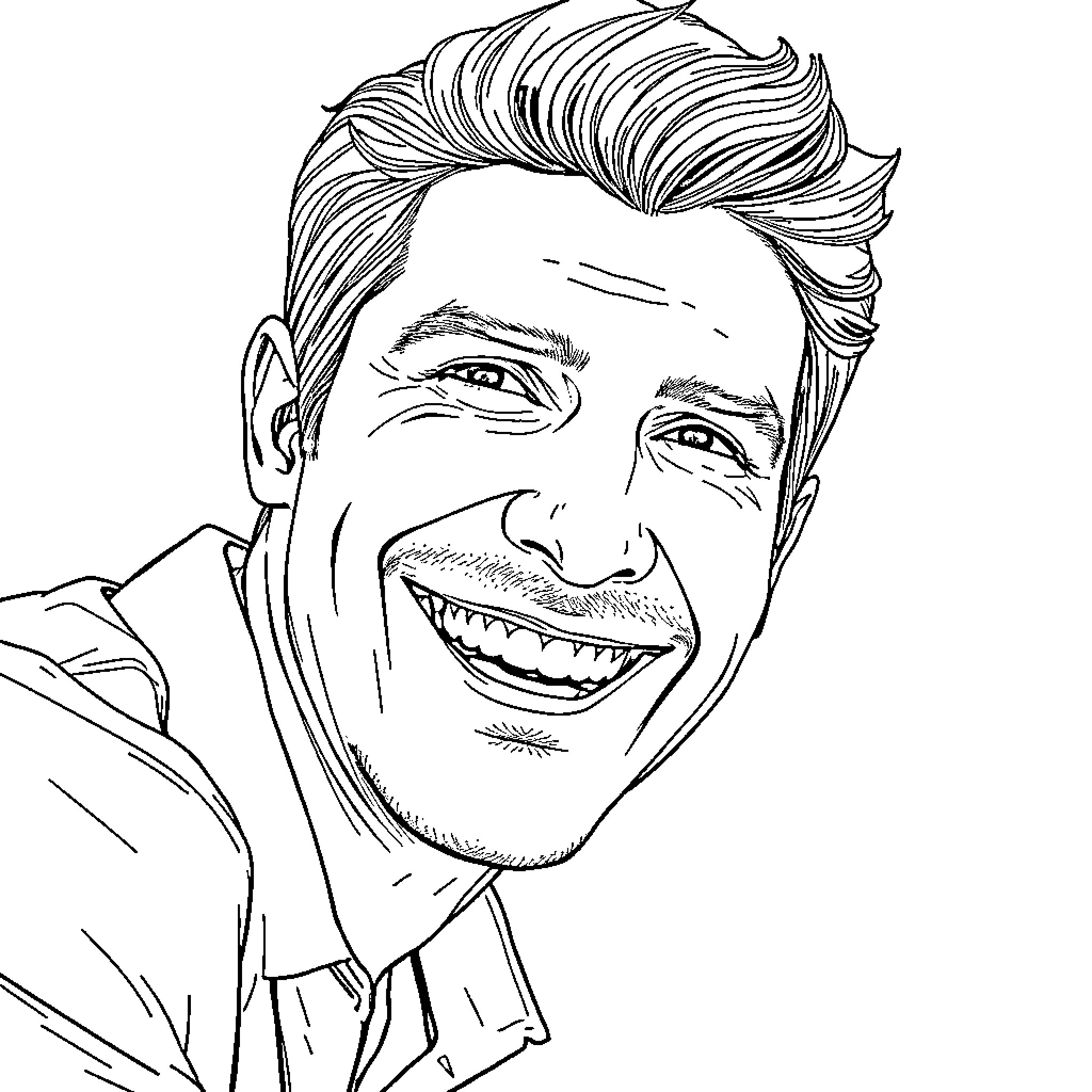 Pedro Pascal's cheerful and expressive portrait Coloring Page (free black-and-white line drawing printable PDF for all, from beginners to advanced learners, including children, teens, adults, and seniors)