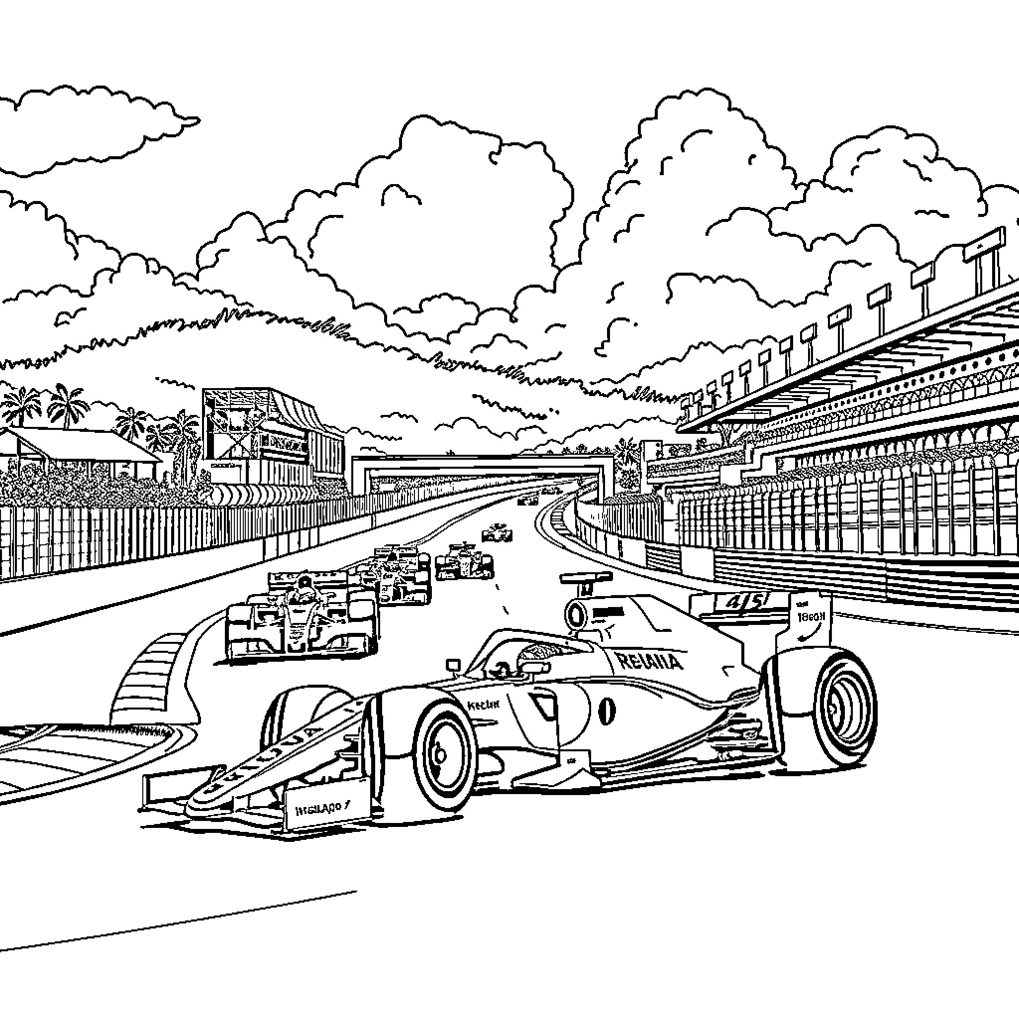 Interlagos - Racing cars on Formula One track Coloring Page (free black-and-white line drawing printable PDF for all, from beginners to advanced learners, including children, teens, adults, and seniors)