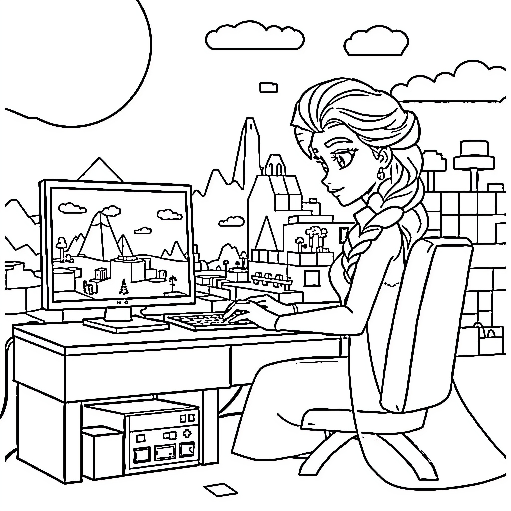 Elsa working on a cityscape scene Coloring Page (free black-and-white line drawing printable PDF for all, from beginners to advanced learners, including children, teens, adults, and seniors)