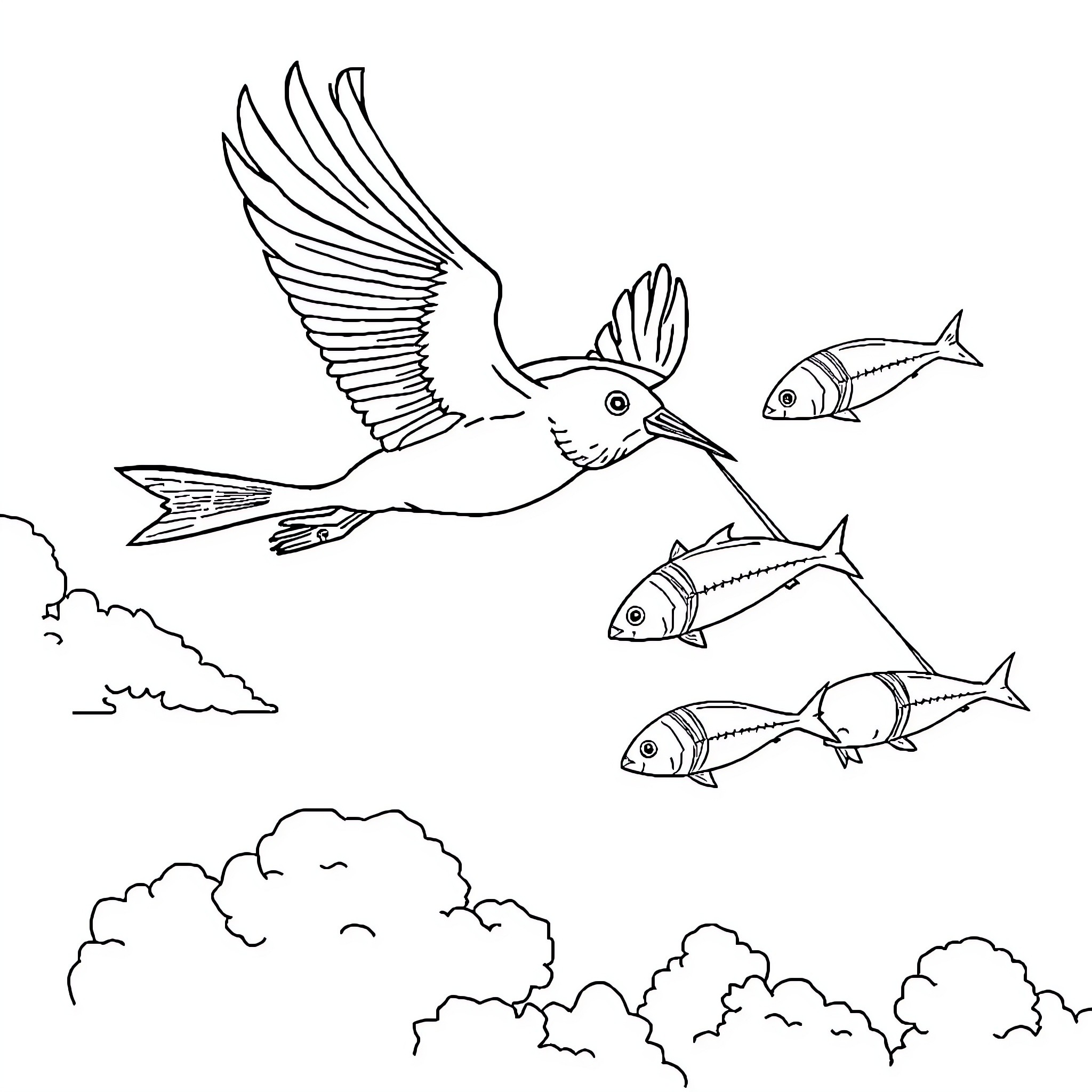 Airplane taking flight with fish in the sky Coloring Page (free black-and-white line drawing printable PDF for all, from beginners to advanced learners, including children, teens, adults, and seniors)