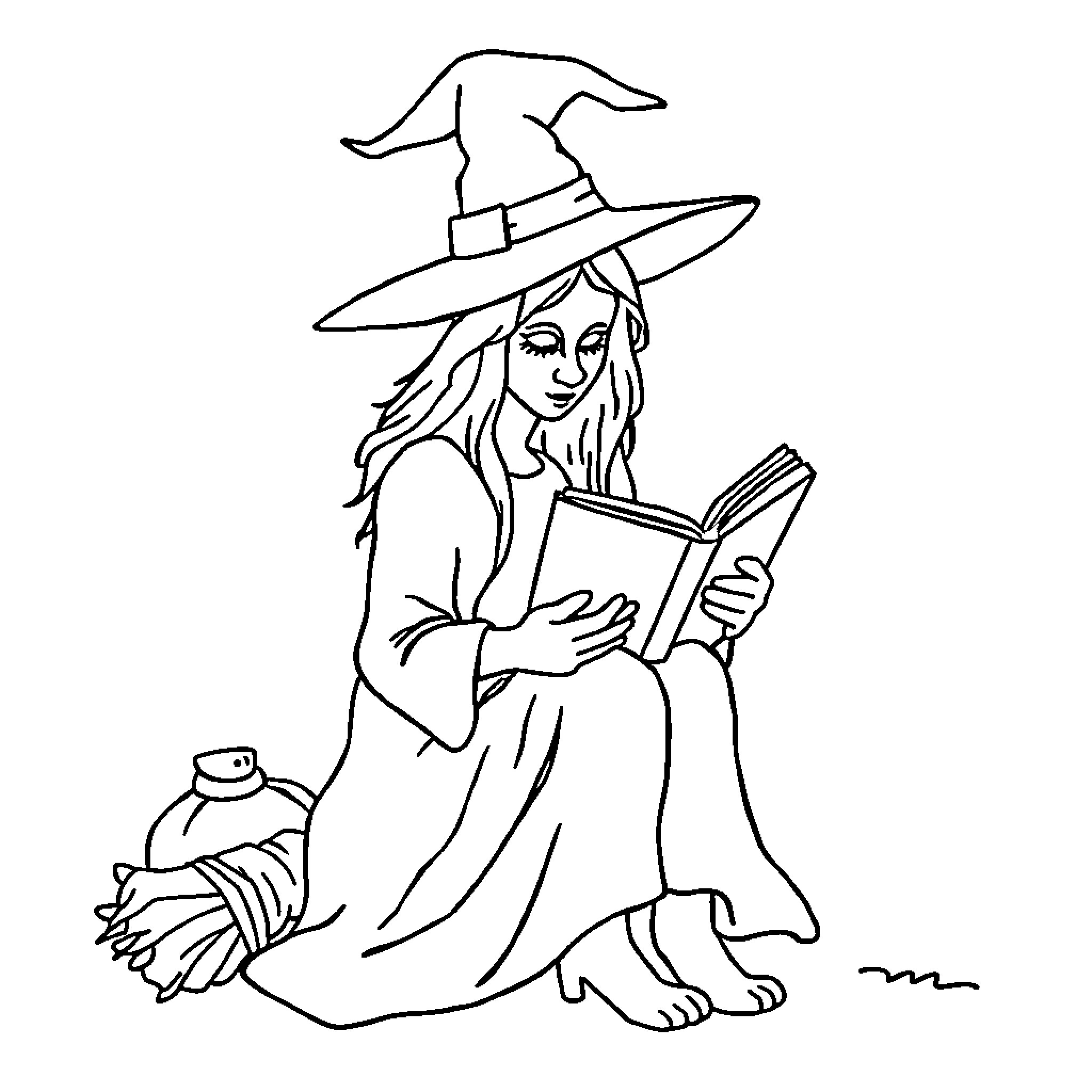 Witch reading a book in the meadow Coloring Page (free black-and-white line drawing printable PDF for all, from beginners to advanced learners, including children, teens, adults, and seniors)