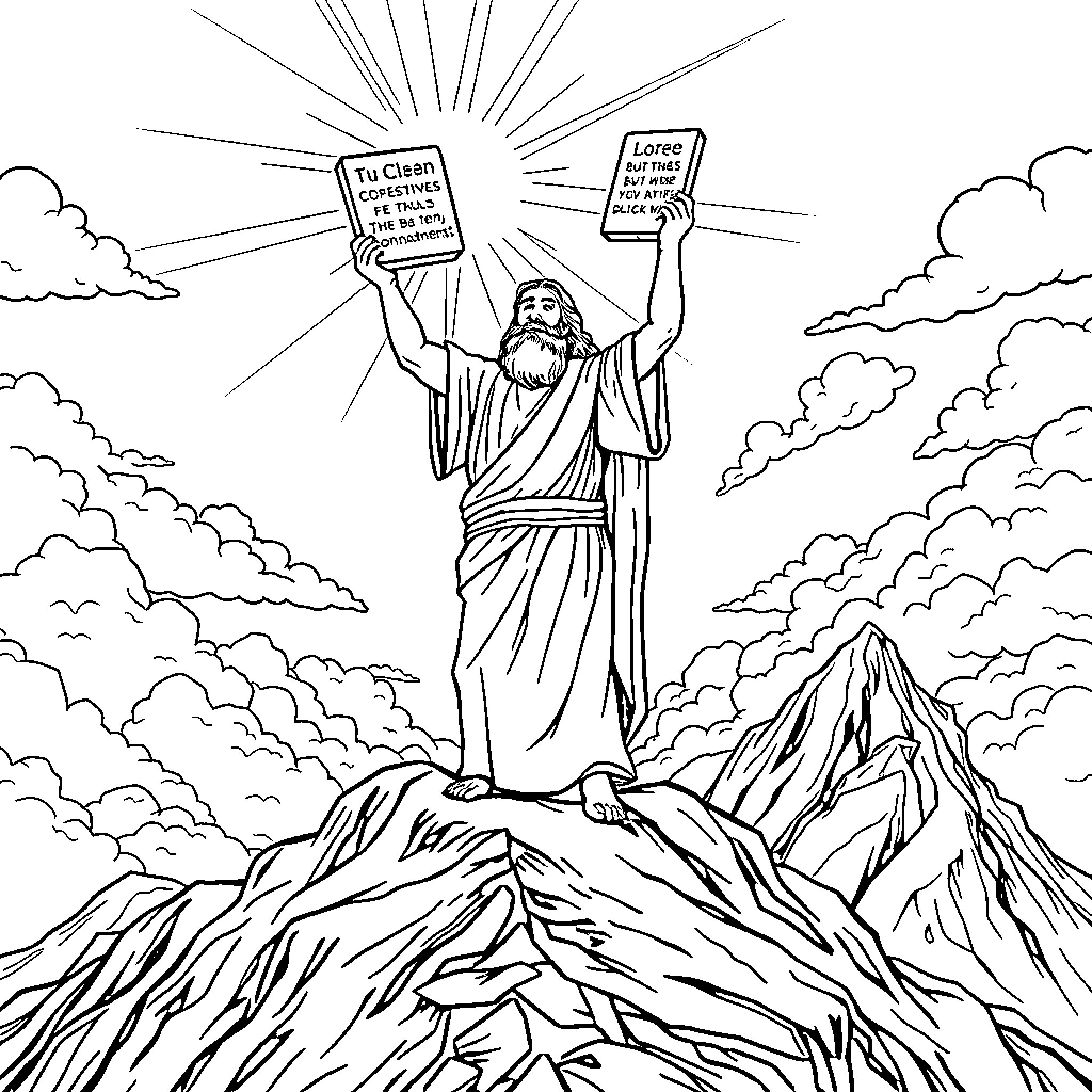 Moses Parting the Clouds with Divine Commands Coloring Page (free black-and-white line drawing printable PDF for all, from beginners to advanced learners, including children, teens, adults, and seniors)