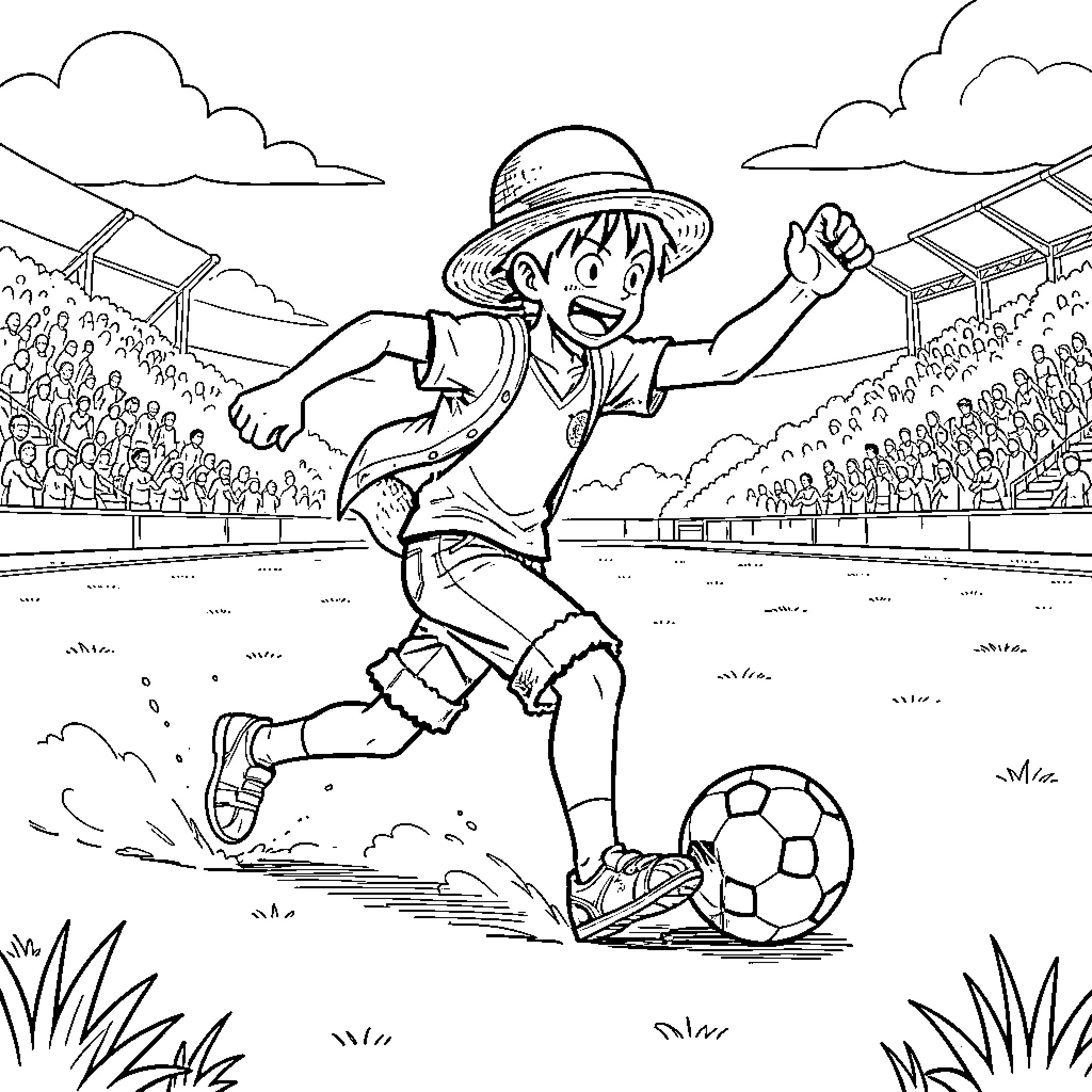 Luffy playing soccer in a crowded stadium Coloring Page (free black-and-white line drawing printable PDF for all, from beginners to advanced learners, including children, teens, adults, and seniors)