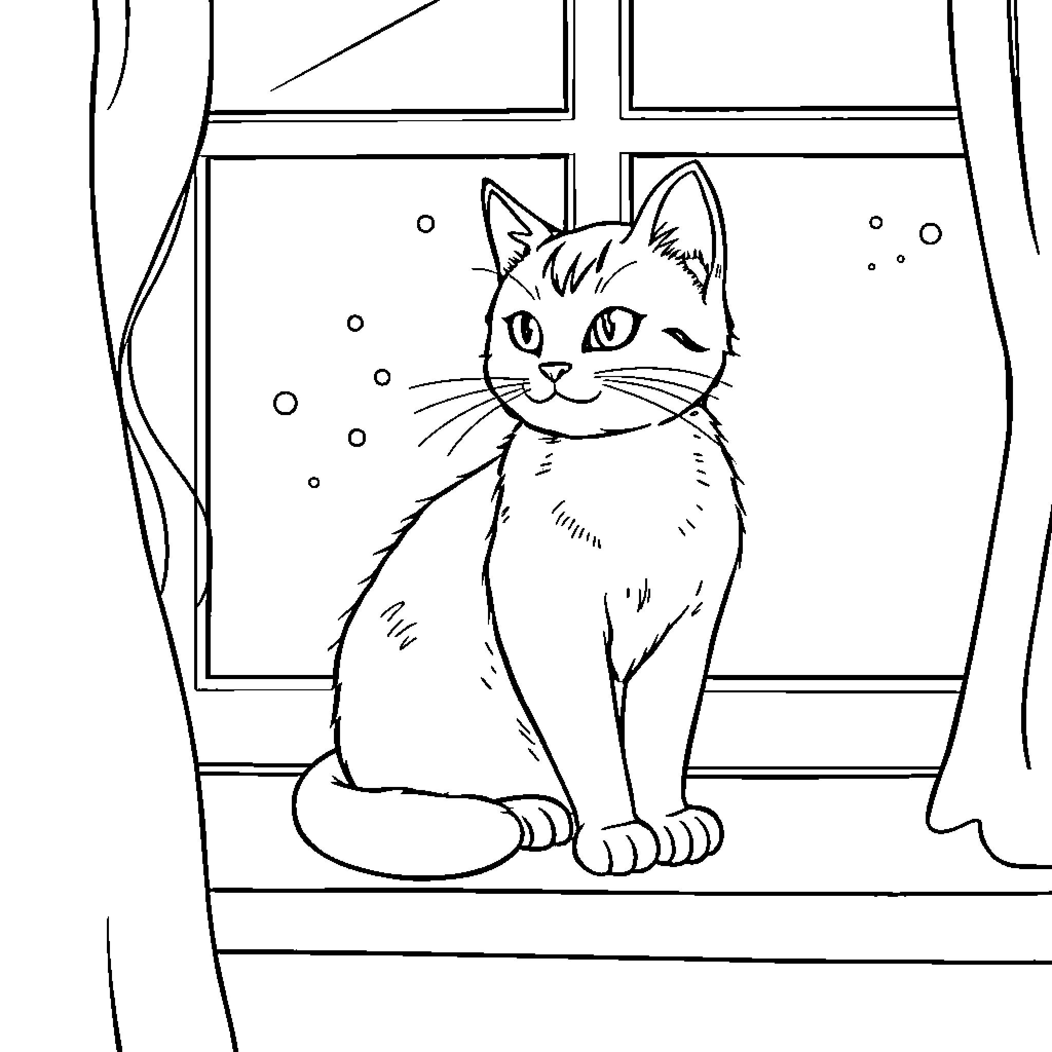 Cat sitting on windowsill Coloring Page (free black-and-white line drawing printable PDF for all, from beginners to advanced learners, including children, teens, adults, and seniors)