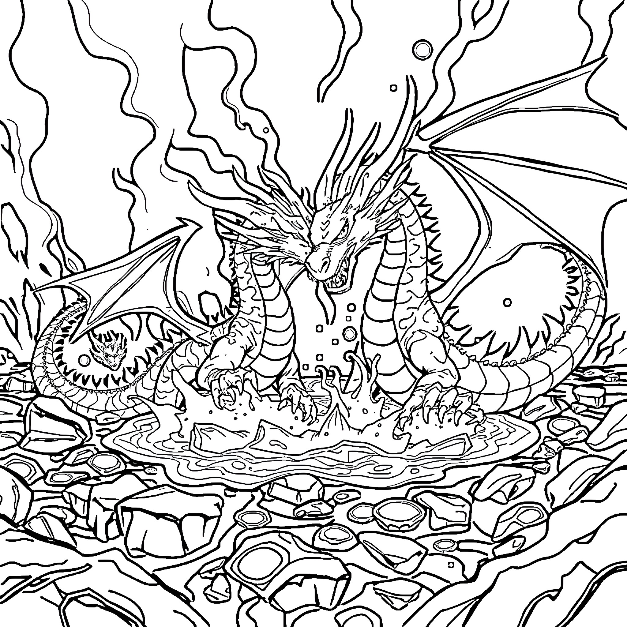 Dragon Emerging from Rugged Terrain Coloring Page (free black-and-white line drawing printable PDF for all, from beginners to advanced learners, including children, teens, adults, and seniors)