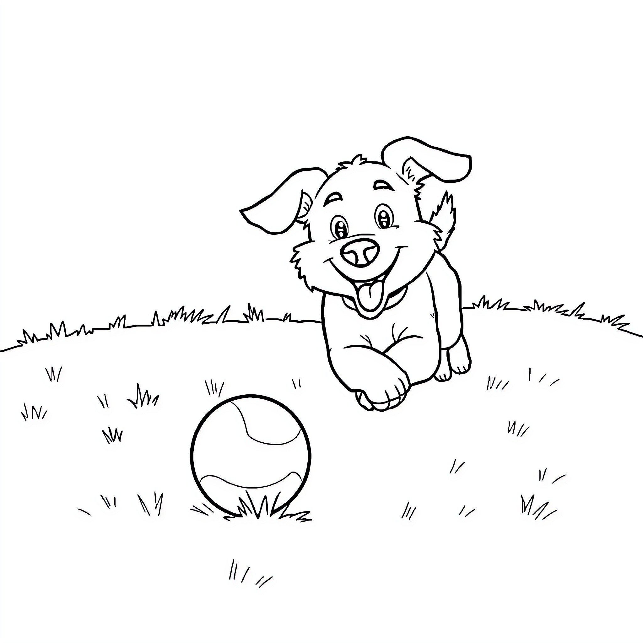 Dog playing with ball in grassy field Coloring Page (free black-and-white line drawing printable PDF for all, from beginners to advanced learners, including children, teens, adults, and seniors)