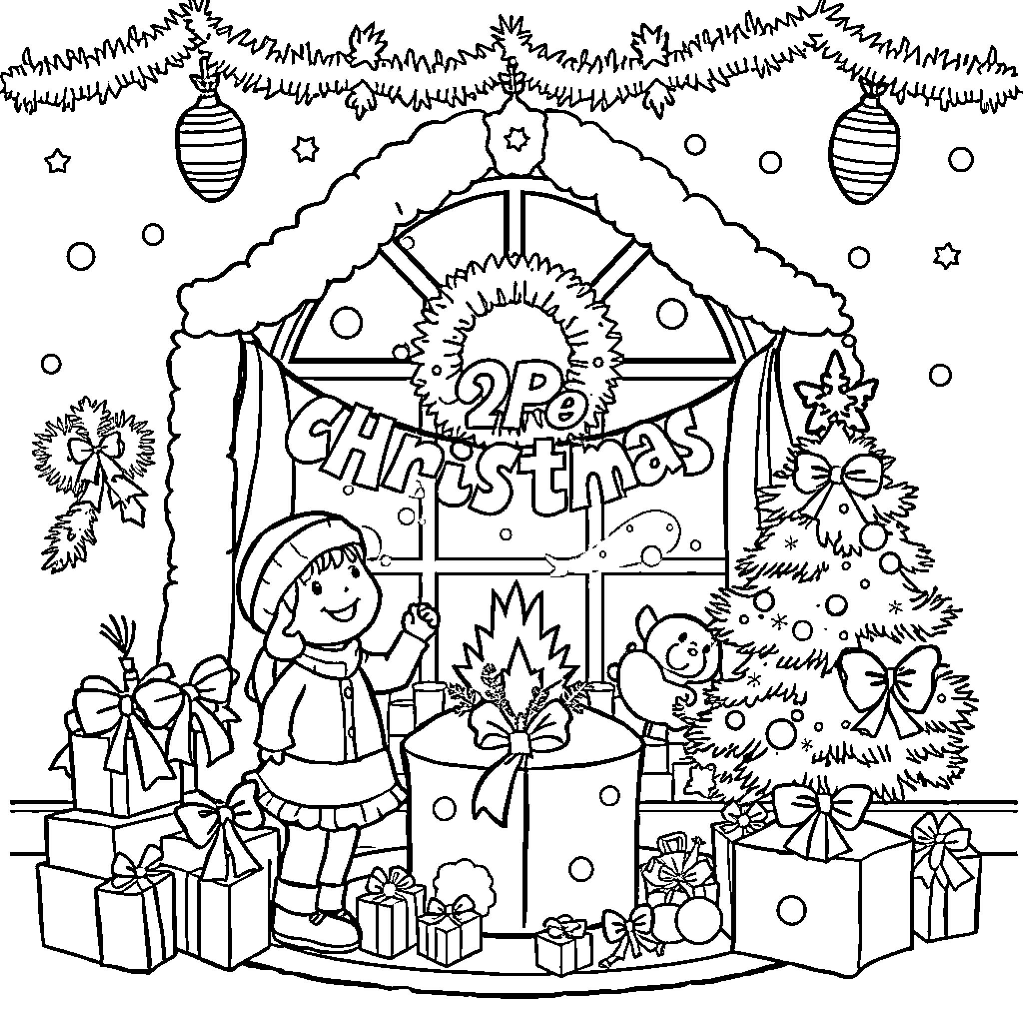 Xmas Celebration with Decorations and Children Coloring Page (free black-and-white line drawing printable PDF for all, from beginners to advanced learners, including children, teens, adults, and seniors)
