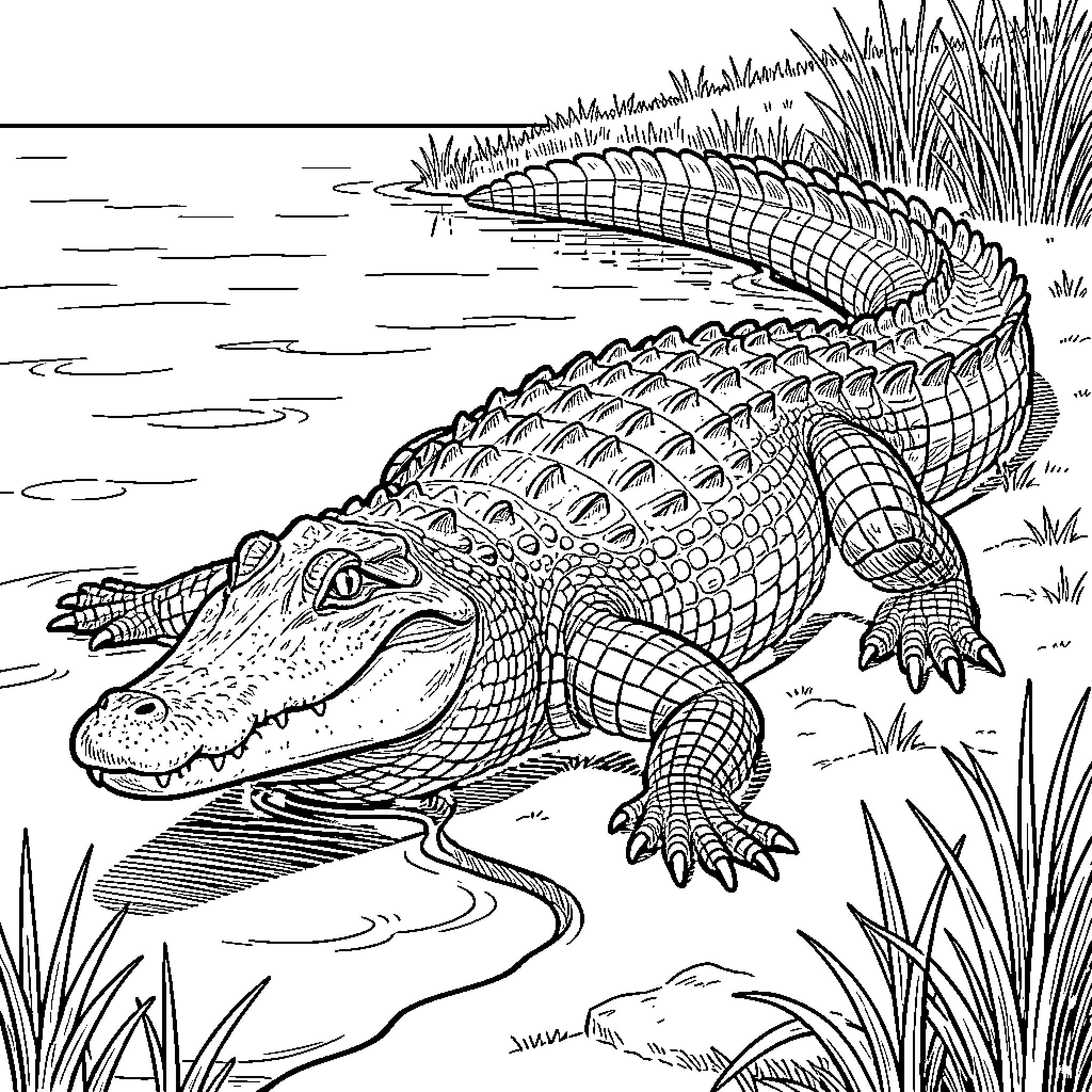Alligator resting in the wetlands Coloring Page (free black-and-white line drawing printable PDF for all, from beginners to advanced learners, including children, teens, adults, and seniors)