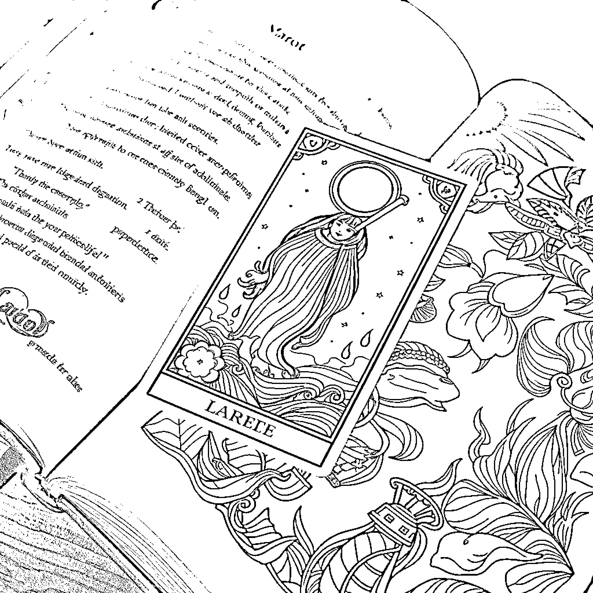 Tarot Card depicting a mystical female figure Coloring Page (free black-and-white line drawing printable PDF for all, from beginners to advanced learners, including children, teens, adults, and seniors)