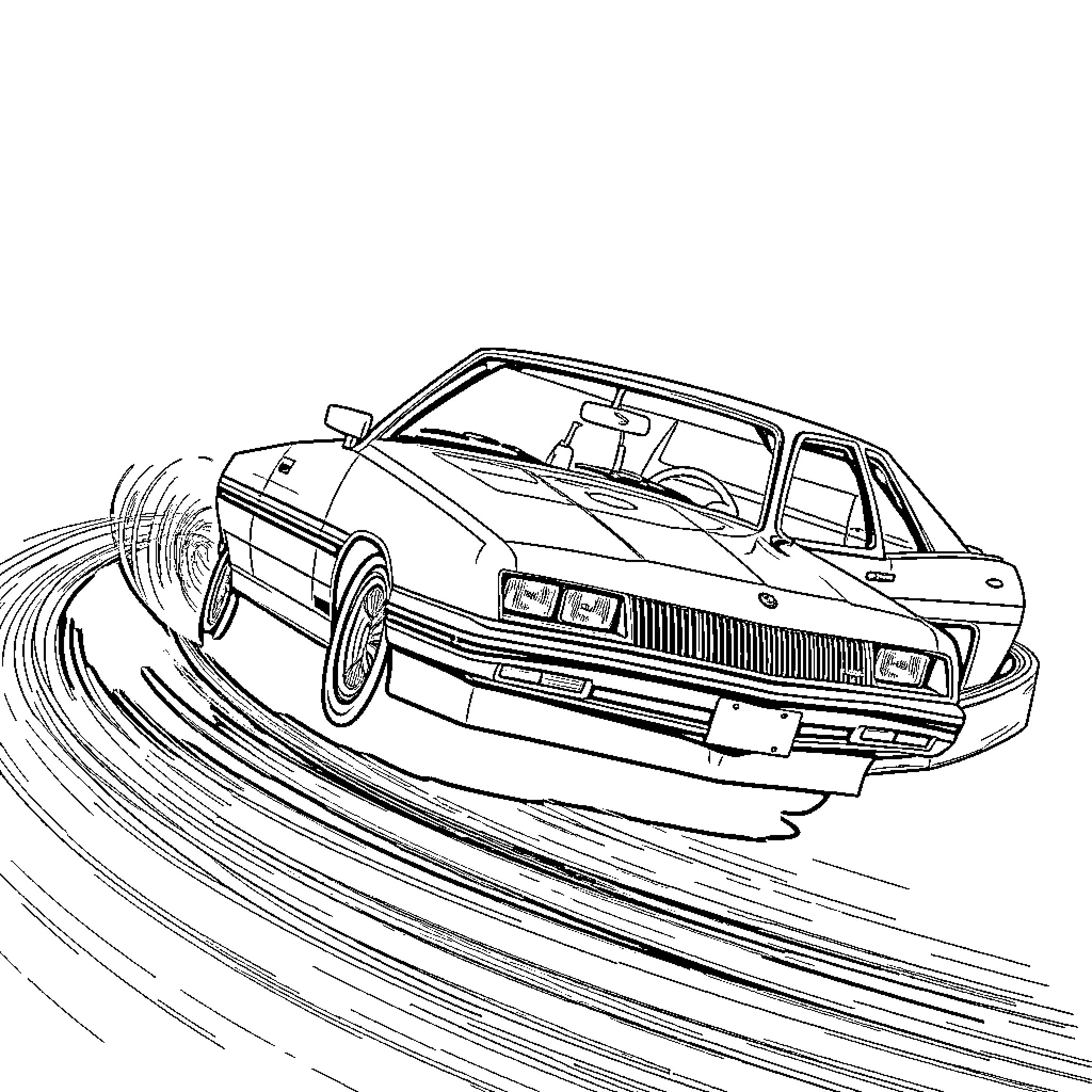 Mercury Capri speeding through the curves Coloring Page (free black-and-white line drawing printable PDF for all, from beginners to advanced learners, including children, teens, adults, and seniors)