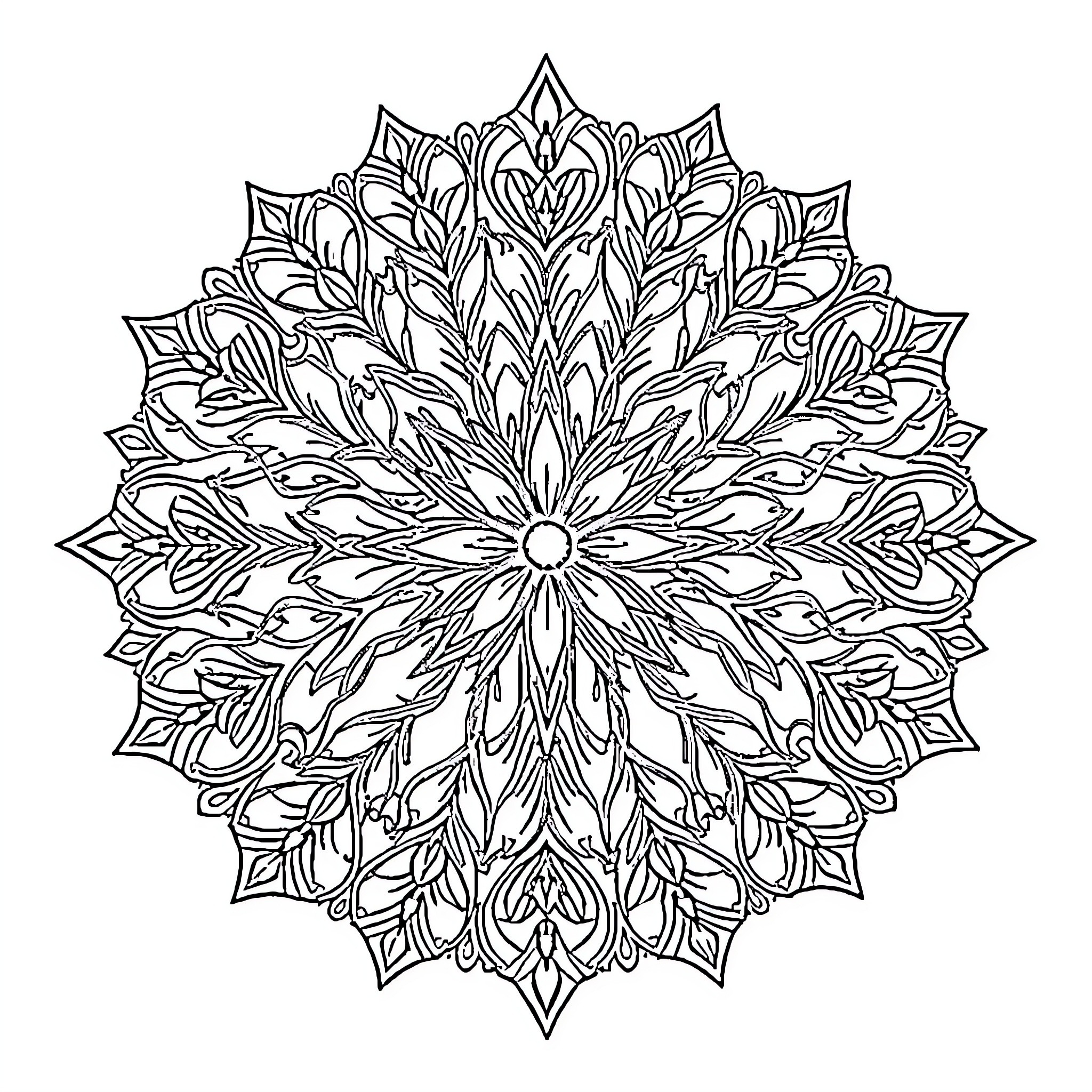 Mandala with intricate floral patterns Coloring Page (free black-and-white line drawing printable PDF for all, from beginners to advanced learners, including children, teens, adults, and seniors)