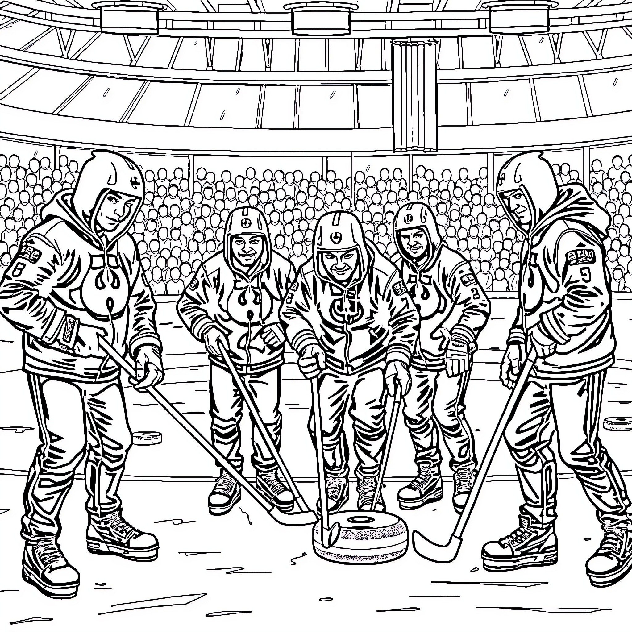 Wu-Tang Clan hockey players on the ice Coloring Page (free black-and-white line drawing printable PDF for all, from beginners to advanced learners, including children, teens, adults, and seniors)