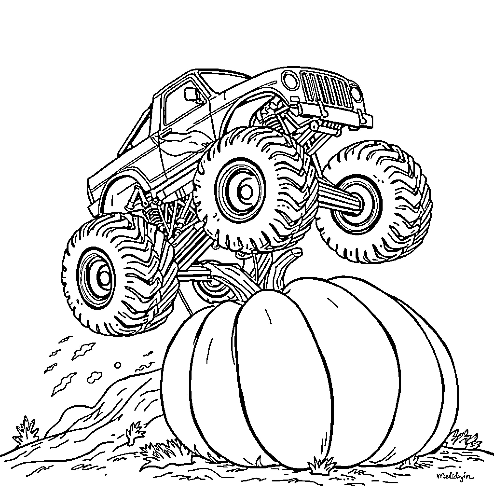 Monster Truck Crushing Pumpkins in the Countryside Coloring Page (free black-and-white line drawing printable PDF for all, from beginners to advanced learners, including children, teens, adults, and seniors)
