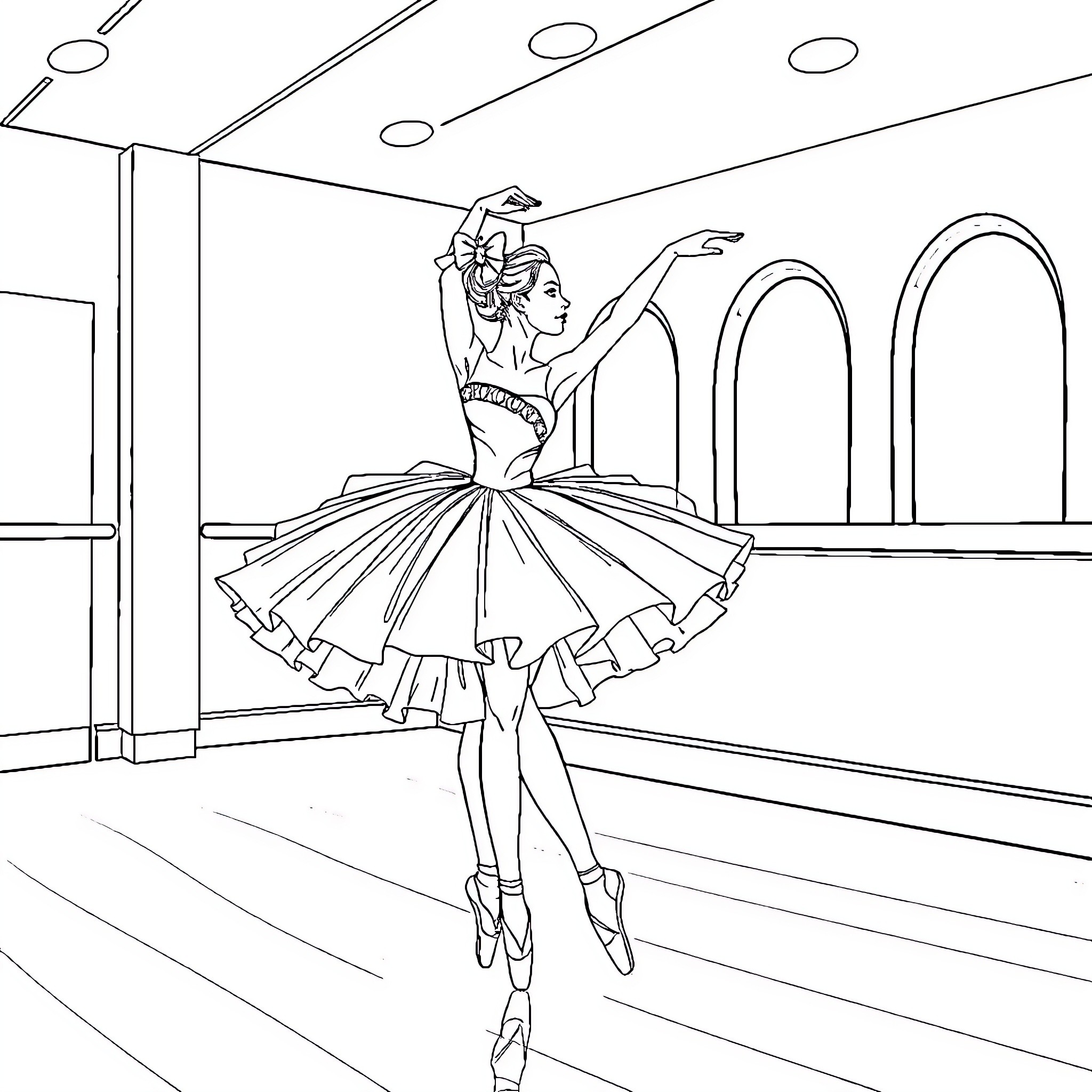 Ballet Dancer Performing Graceful Routine on Stage Coloring Page (free black-and-white line drawing printable PDF for all, from beginners to advanced learners, including children, teens, adults, and seniors)