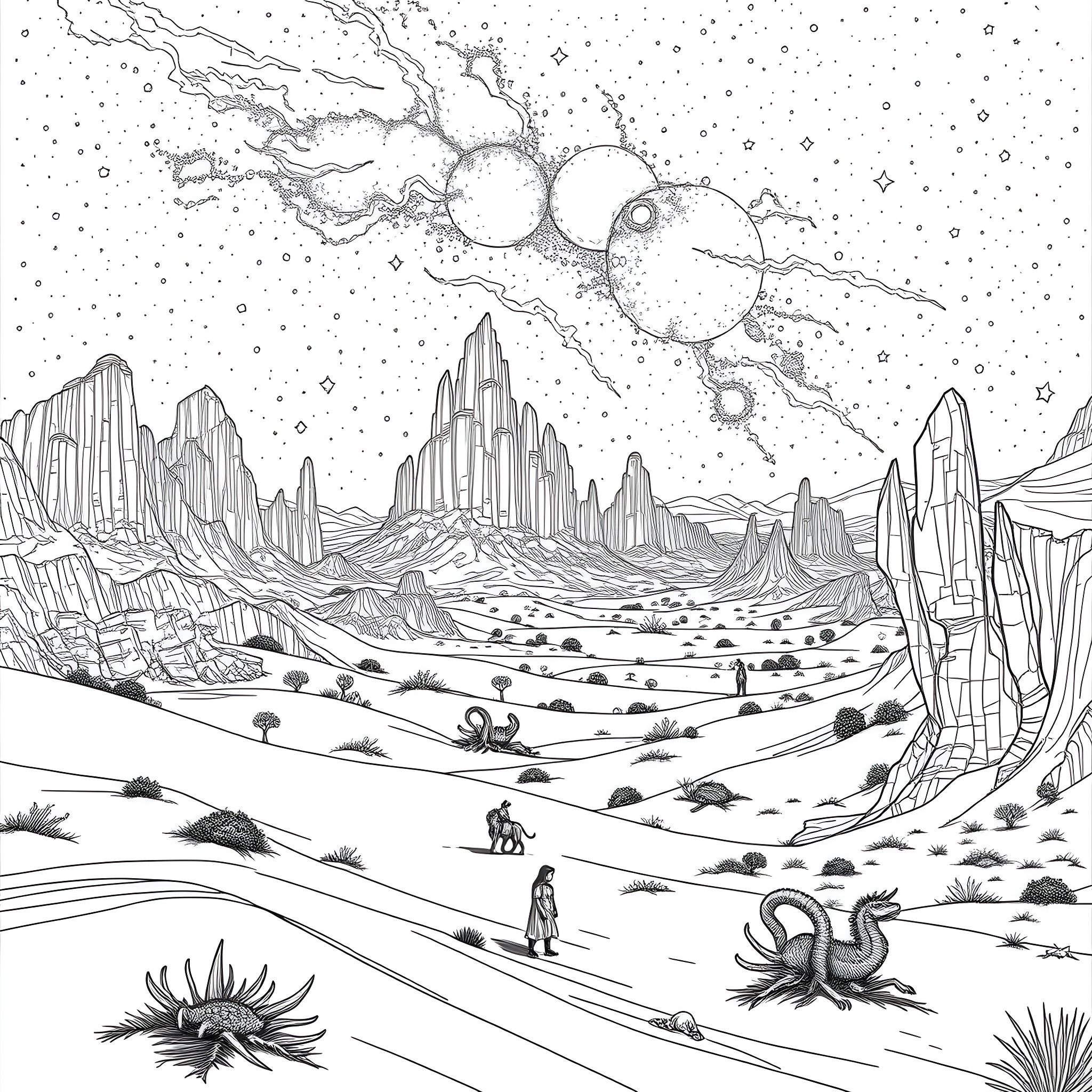 Desert Landscape with Sci-Fi Elements Coloring Page (free black-and-white line drawing printable PDF for all, from beginners to advanced learners, including children, teens, adults, and seniors)