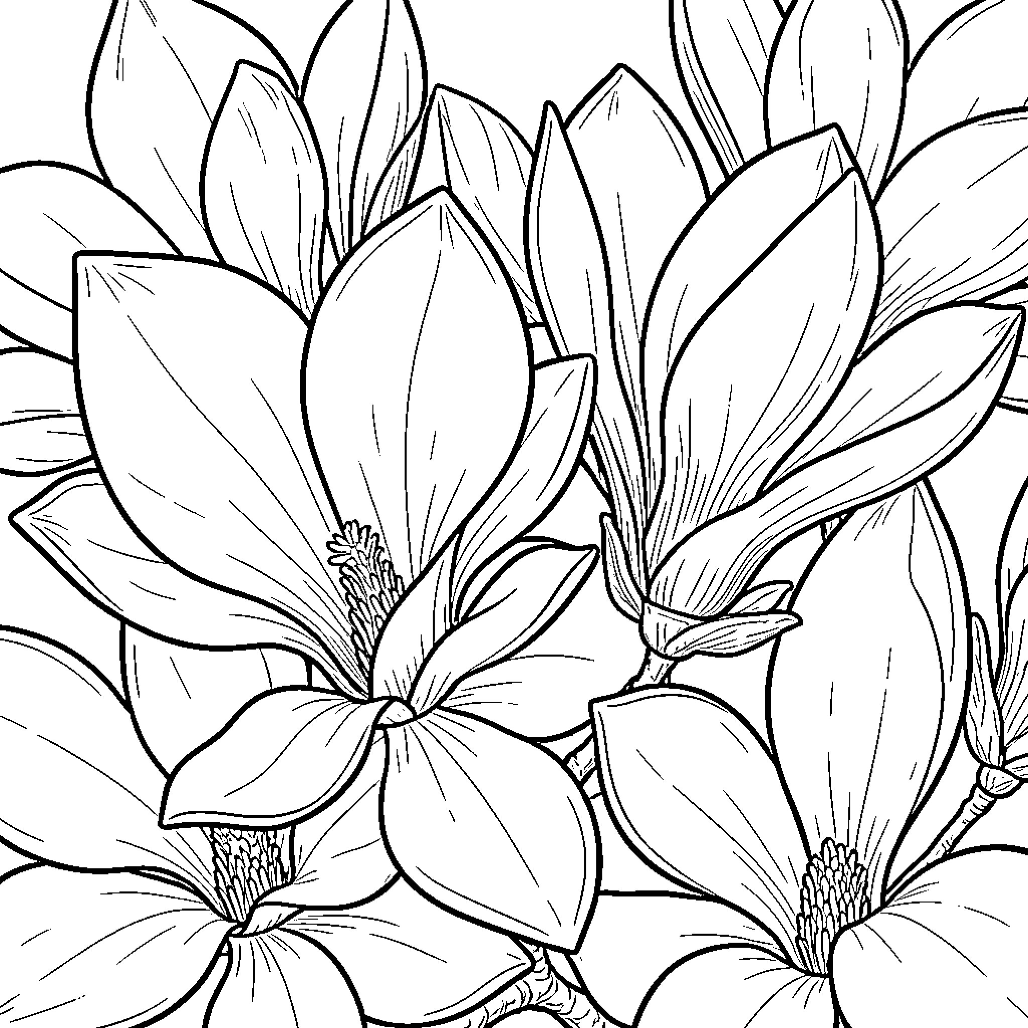 Magnolia blossoms blooming in a dense cluster Coloring Page (free black-and-white line drawing printable PDF for all, from beginners to advanced learners, including children, teens, adults, and seniors)