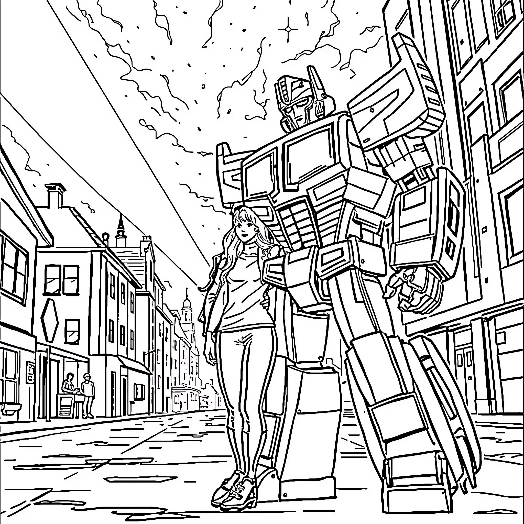 Transformer hero stands tall in city street Coloring Page (free black-and-white line drawing printable PDF for all, from beginners to advanced learners, including children, teens, adults, and seniors)