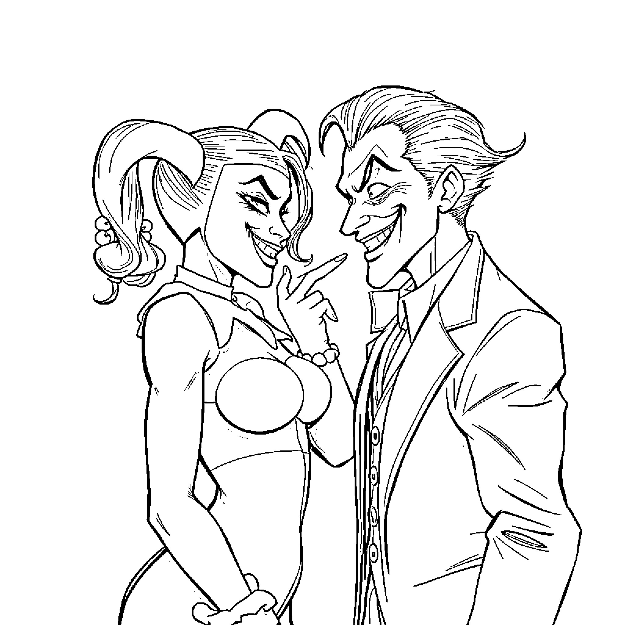 Harley and Joker's Mischievous Antics Coloring Page (free black-and-white line drawing printable PDF for all, from beginners to advanced learners, including children, teens, adults, and seniors)
