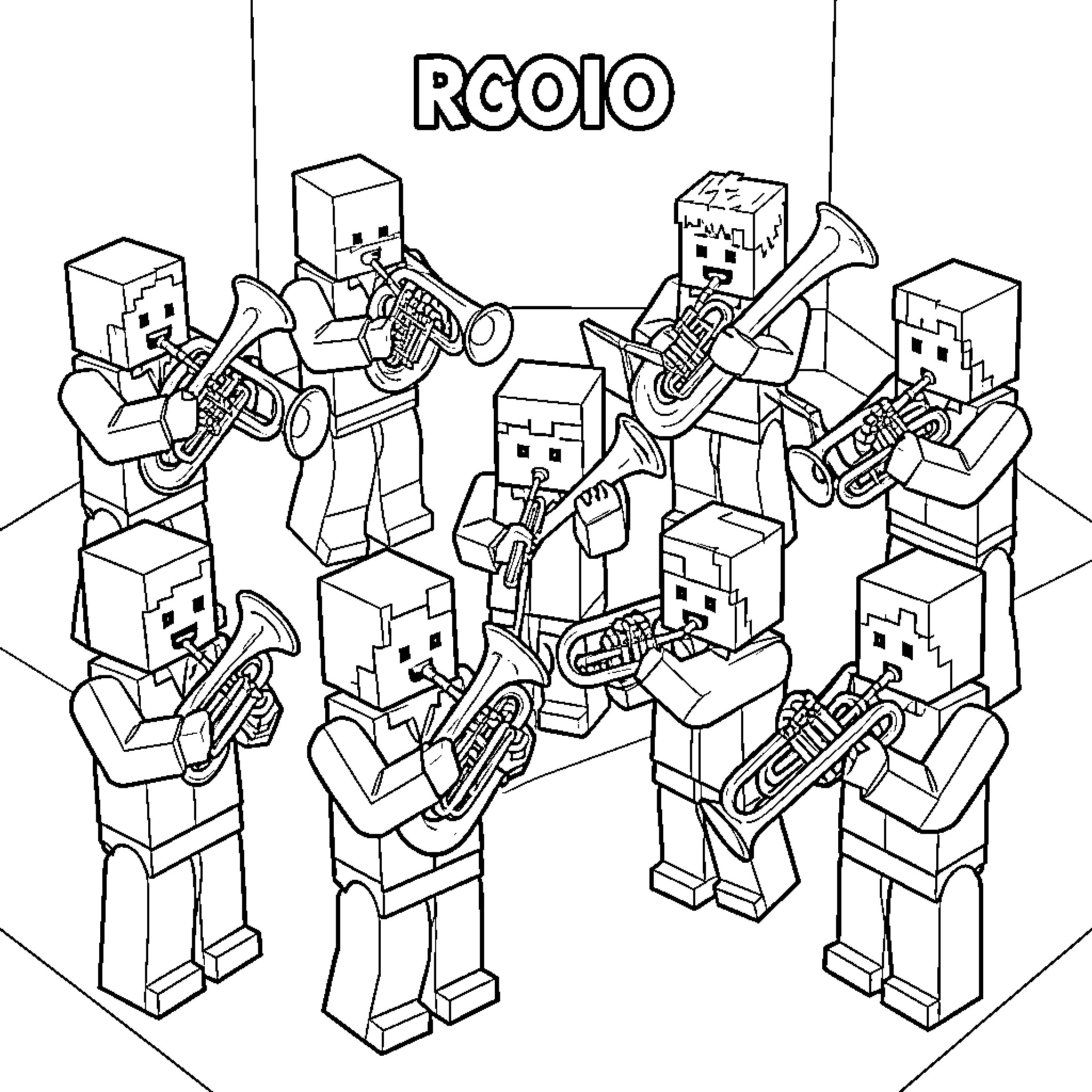 Minecraft characters playing musical instruments together Coloring Page (free black-and-white line drawing printable PDF for all, from beginners to advanced learners, including children, teens, adults, and seniors)
