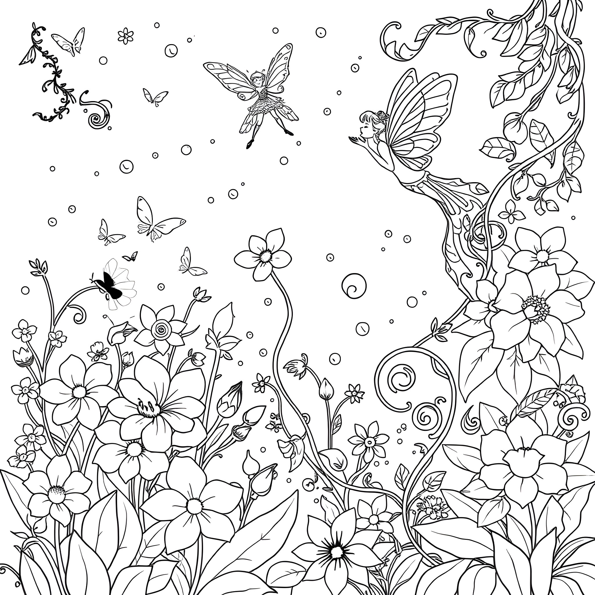 Fairy Flowers and Butterflies in Nature Coloring Page (free black-and-white line drawing printable PDF for all, from beginners to advanced learners, including children, teens, adults, and seniors)
