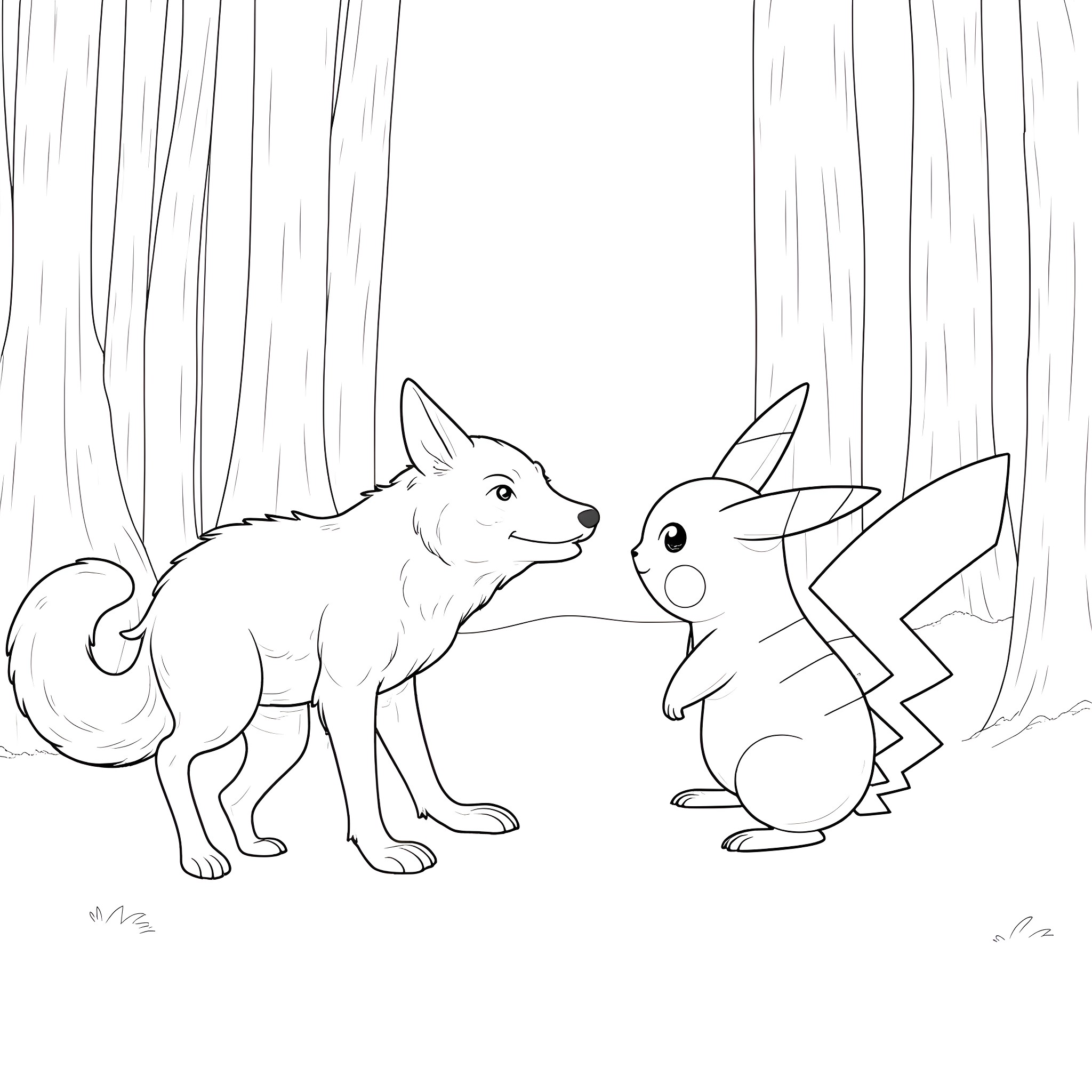 Pikachu and Ninetales playing in the forest Coloring Page (free black-and-white line drawing printable PDF for all, from beginners to advanced learners, including children, teens, adults, and seniors)