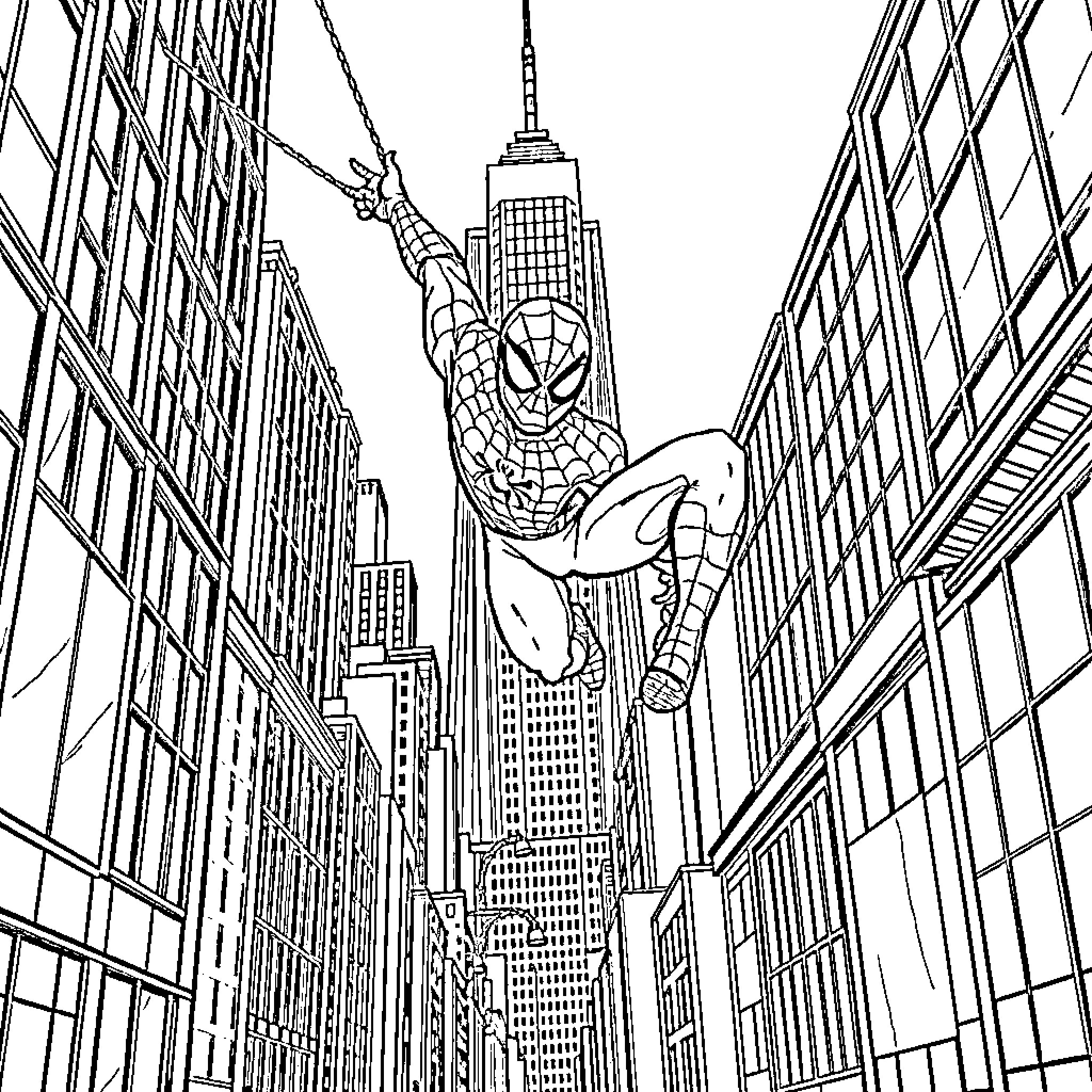 Spiderman swinging through the skyscrapers Coloring Page (free black-and-white line drawing printable PDF for all, from beginners to advanced learners, including children, teens, adults, and seniors)